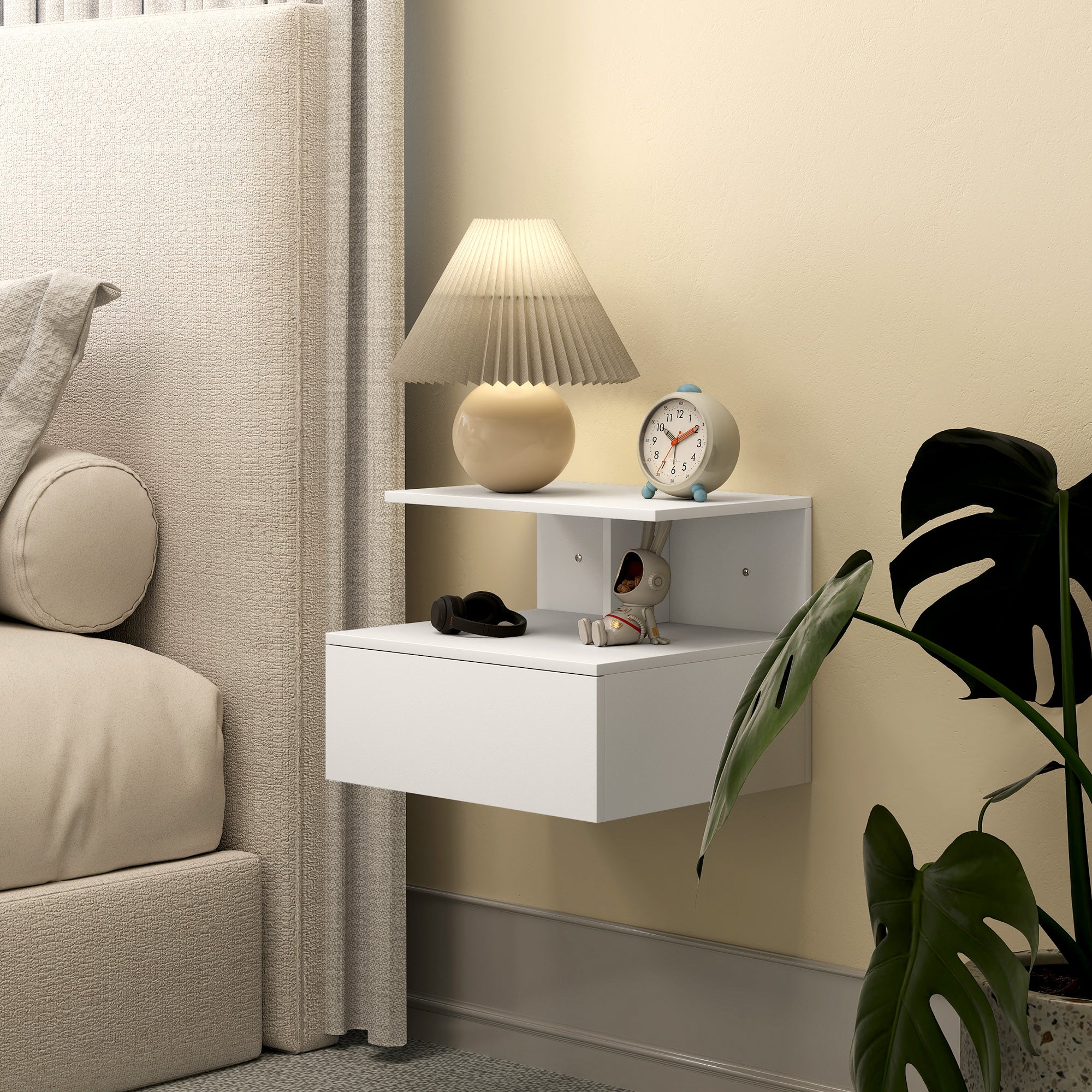 HOMCOM Nachttisch hängend Beistelltisch mit Schublade, offenes Fach Weiß, 39,8 x 35 x 31,6 cm