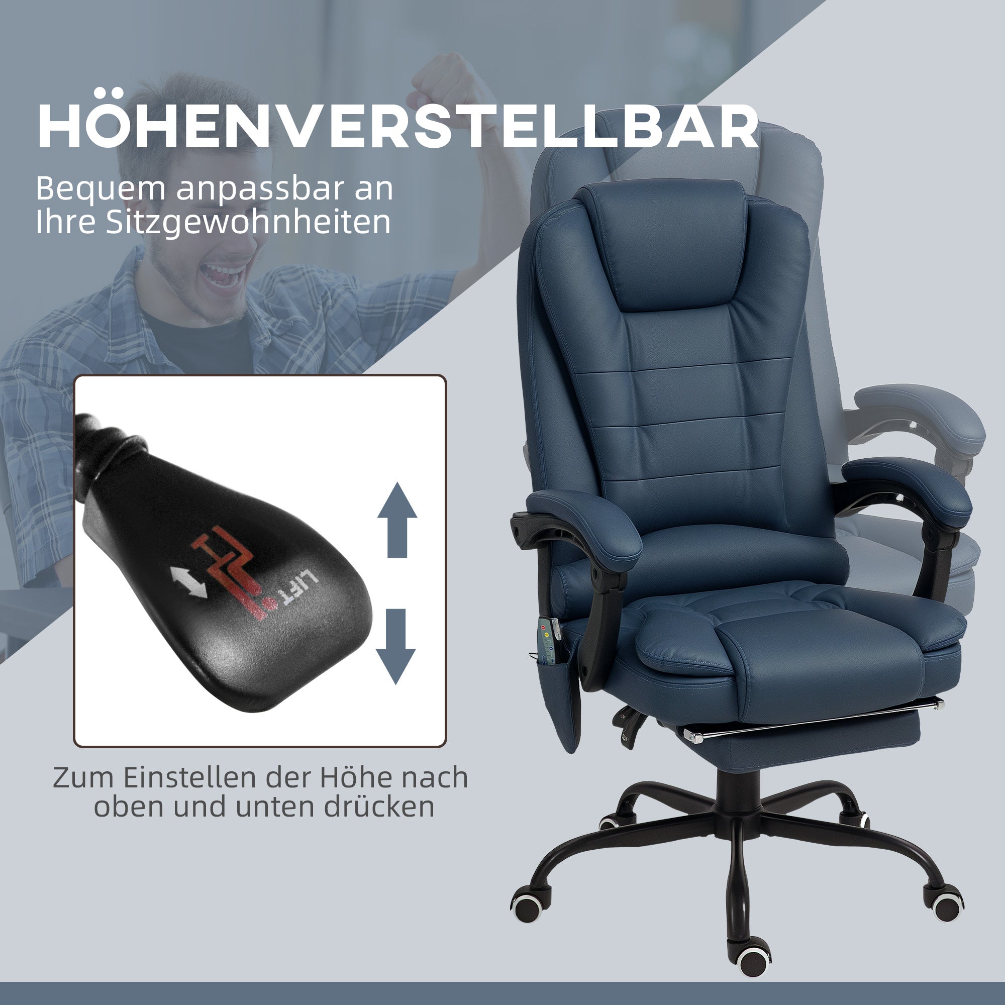 Vinsetto Massage-Bürostuhl, 7 Vibrationspunkte, verstellbare Fußstütze & Lehne, bis 120 kg, Lederoptik, Blau