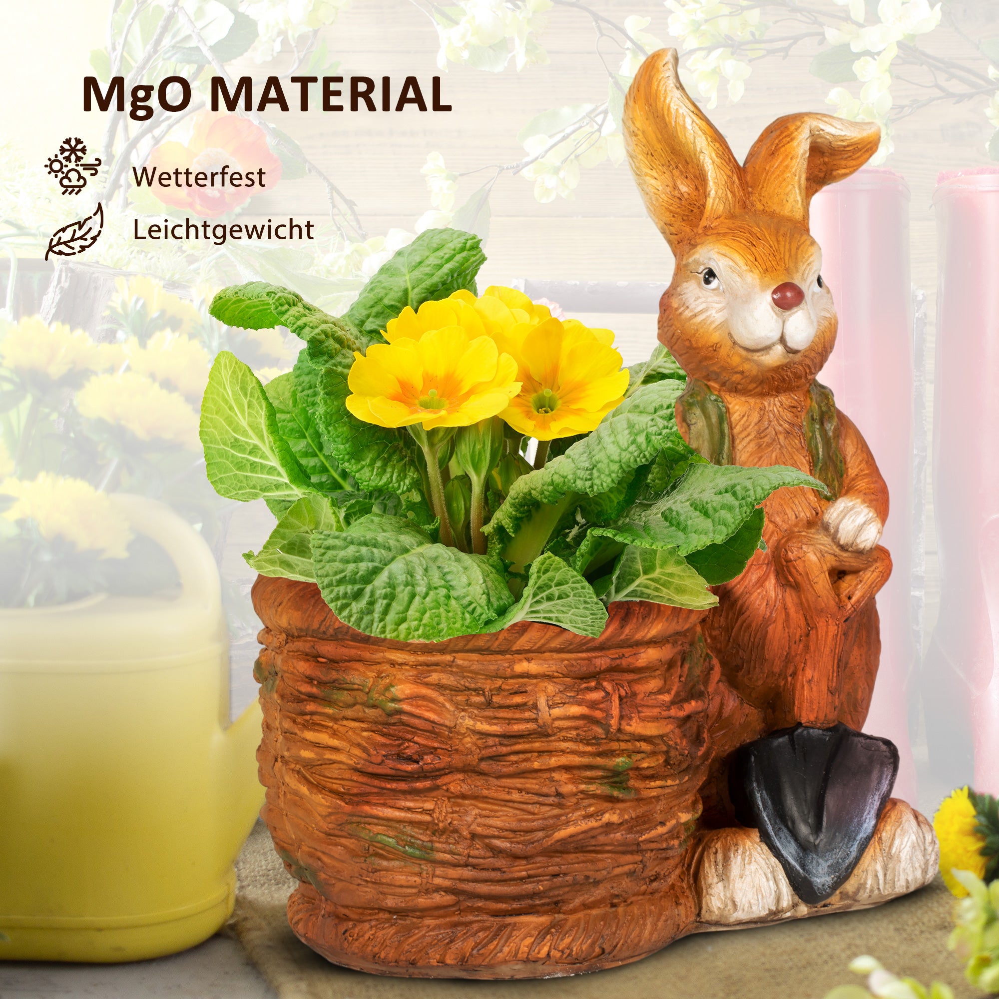 Outsunny Blumentopf, Hase mit Weidenkorb, wetterfest, 45x27x50cm, Braun