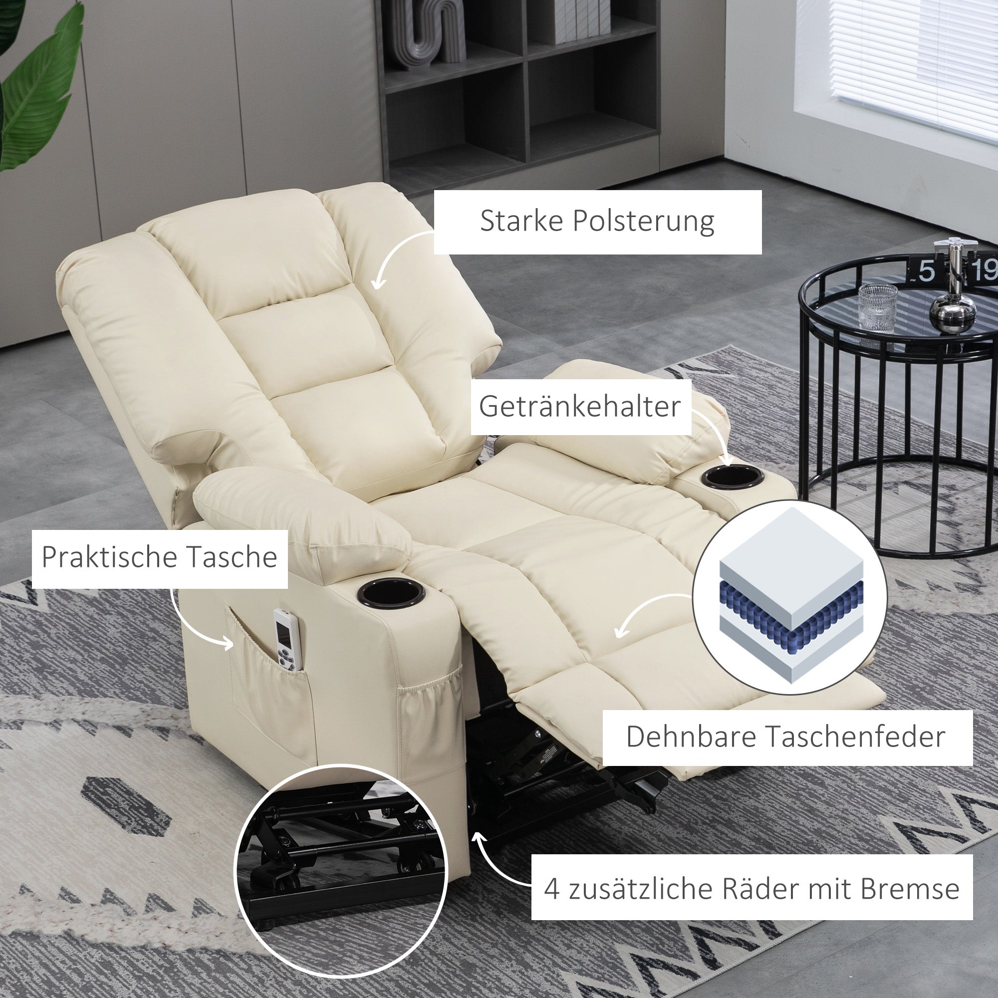 HOMCOM Massagesessel Aufstehhilfe Seniorensessel, inkl. Fernbedienung, 4 Massagemodi, 90  cm x 98 cm x 102 cm, Creme