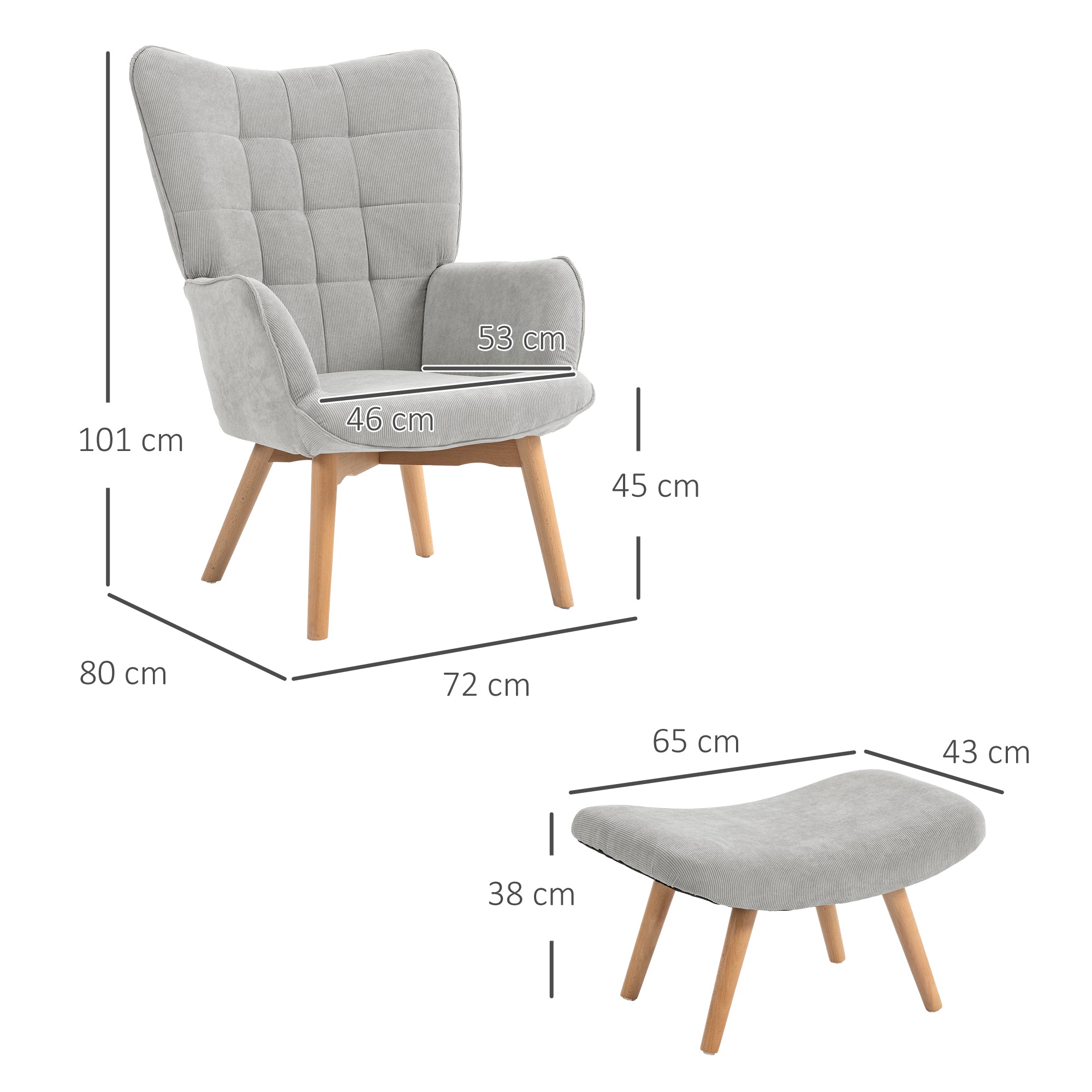 HOMCOM Akzentsessel mit Hocker, Relaxsessel in Cord-Optik, Armlehnstuhl mit Holzbeinen, für Wohnzimmer, Grau