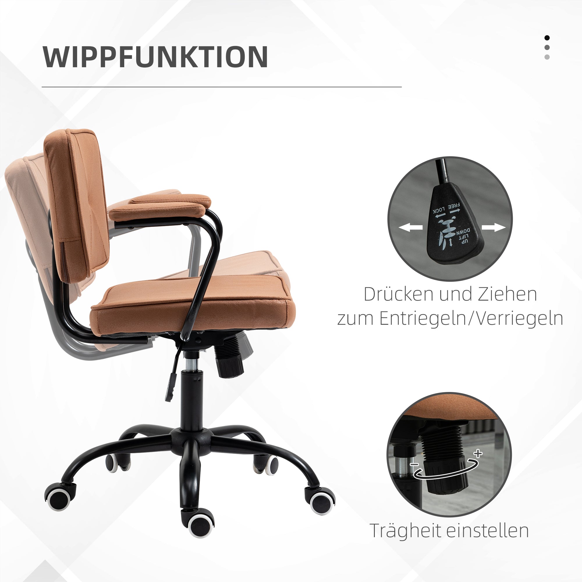 Vinsetto Bürostuhl mit Rollen Drehstuhl Schreibtischstuhl für Büro höhenverstellbar mit Wippfunktion 360°-Drehung neigbar Schaumstoff Braun 61 x 58 x 82-91 cm