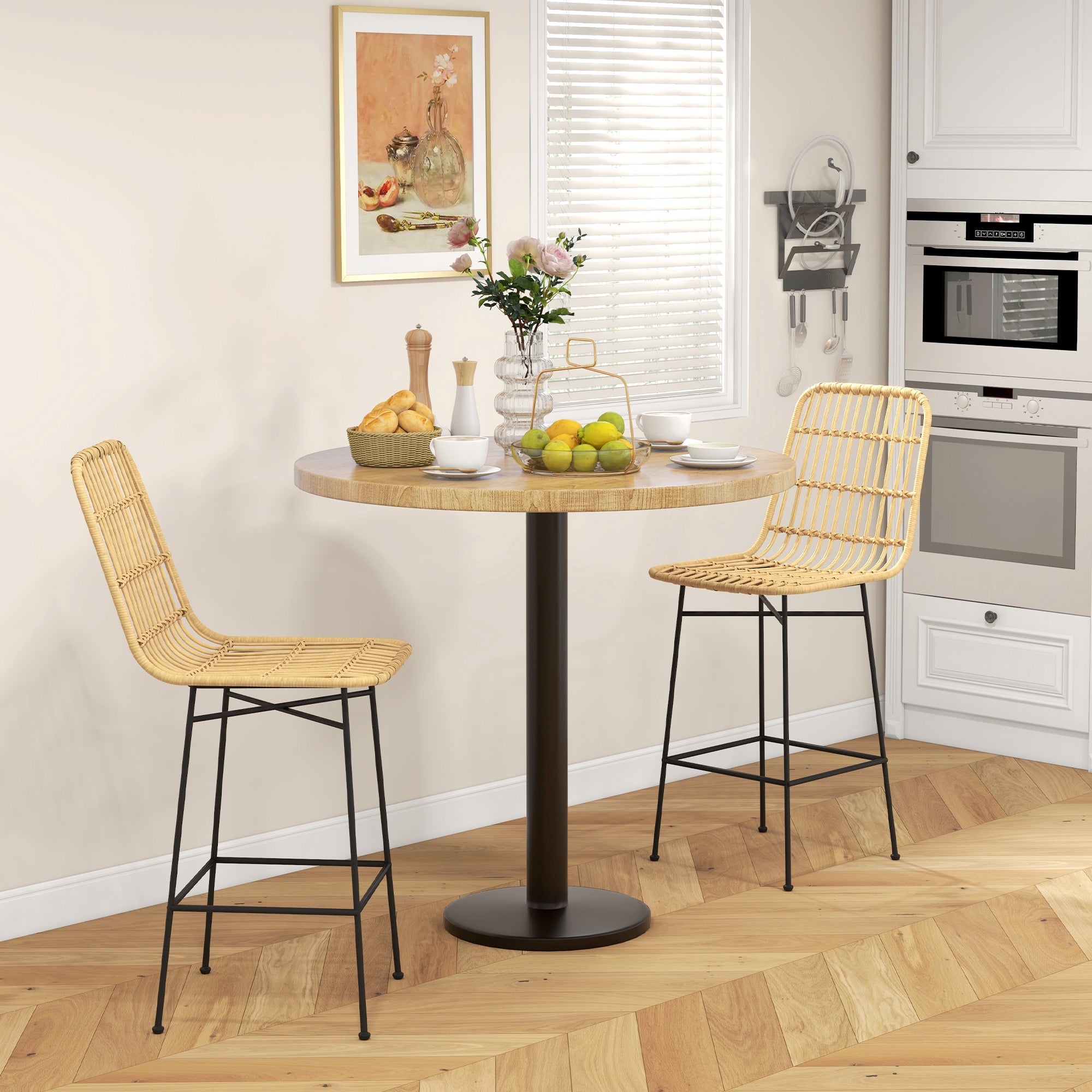 HOMCOM Barhocker Barstuhl, Boho-Stil, PE-Rattan, 45 x 53,5  x 105 cm, Natur + Schwarz