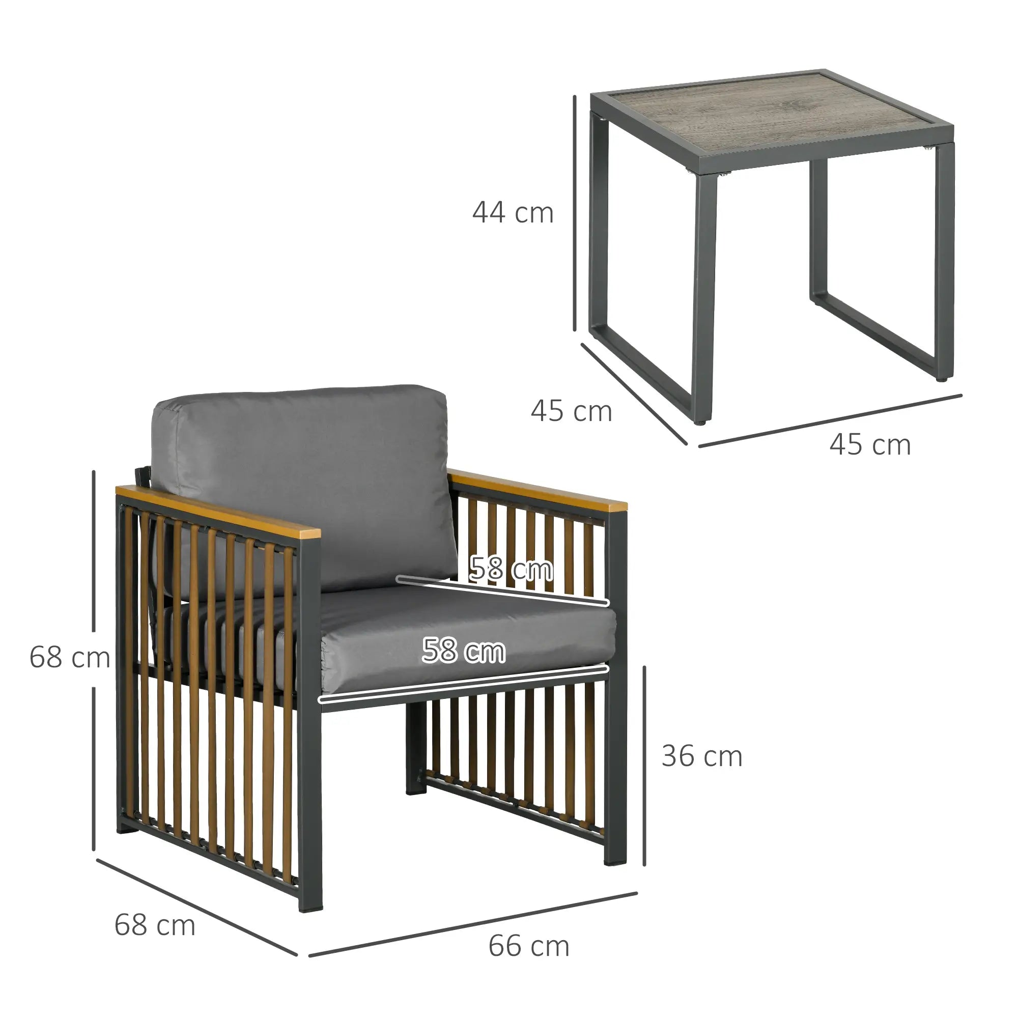 Outsunny Gartengarnitur, 3-teilig, inkl. Sitzkissen, Holzdekor, rostfreier Metallrahmen, Grau