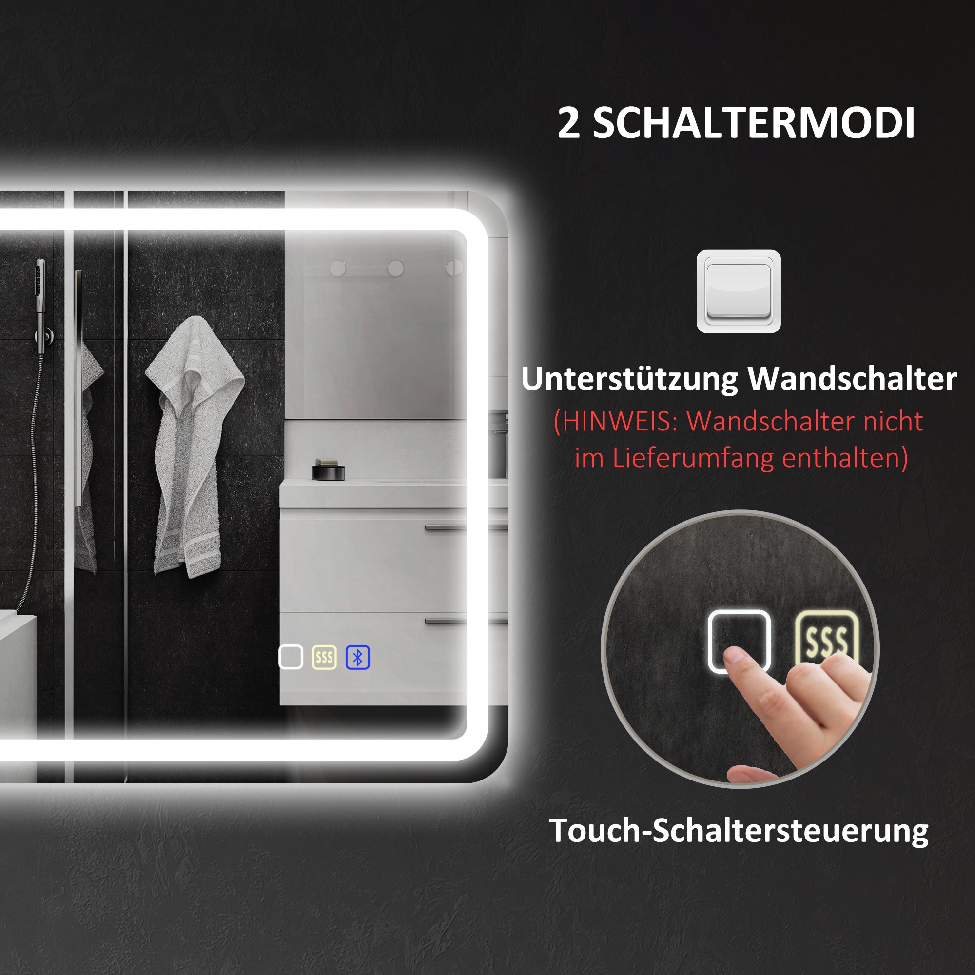 HOMCOM Badezimmerspiegel mit LED-Beleuchtung, Anti-Beschlags-Pad, 3 verstellbare Farben, Silberfarben