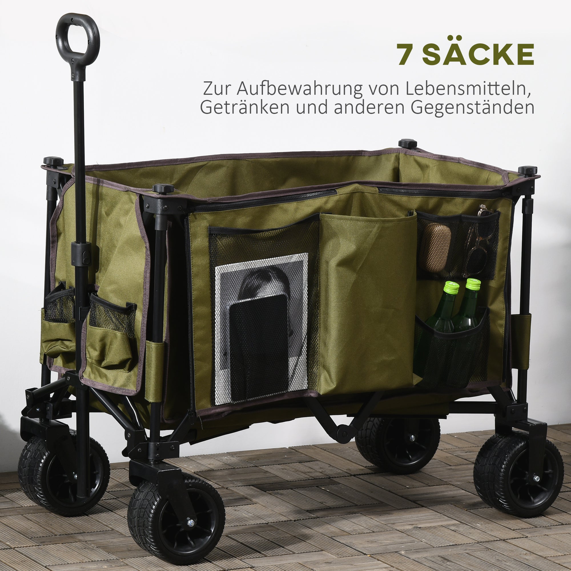 Outsunny Bollerwagen, klappbar, 7 Seitentaschen, verstellbarer Griff, bis 120 kg, Stahl, grün, 100 x 48 x 100,5 cm