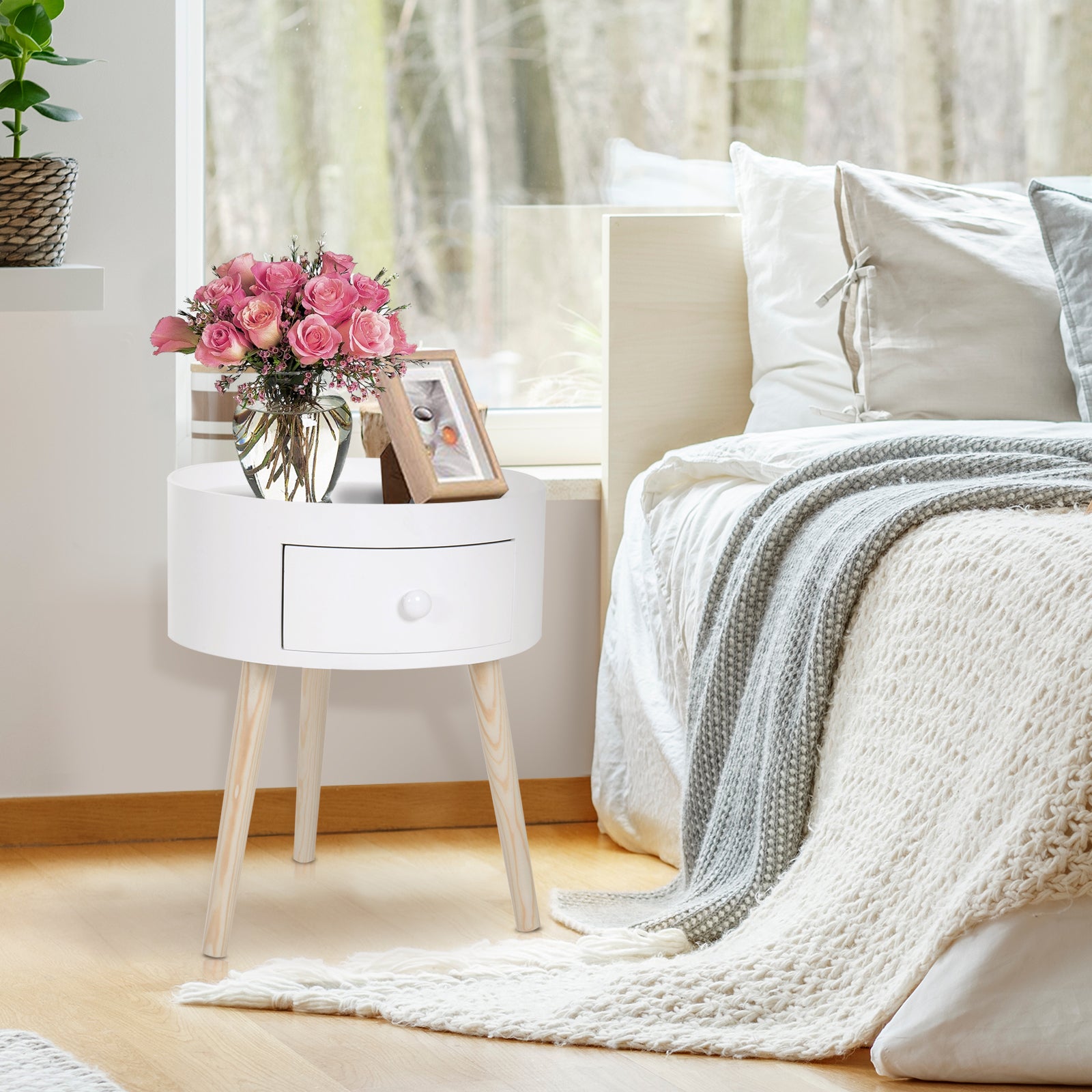 HOMCOM Couchtisch mit Schublade, rund, Skandi-Design, Schutzrand, Holz, Ø38 x H45 cm, Weiß
