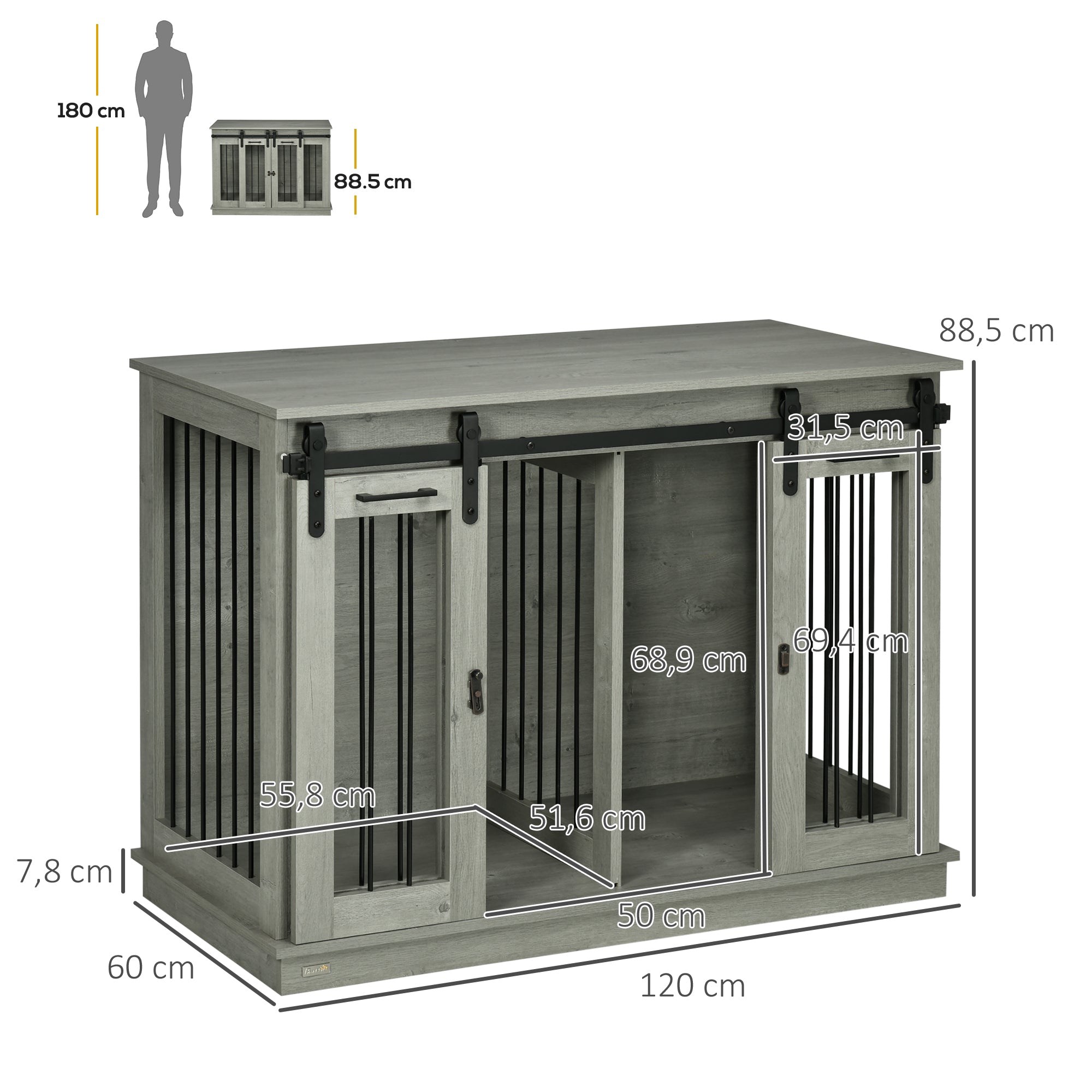 PawHut Hundekäfig mit 2 Türen, Hundebox, Transportbox für Hunde, rustikales Design, verriegelbar, Grau
