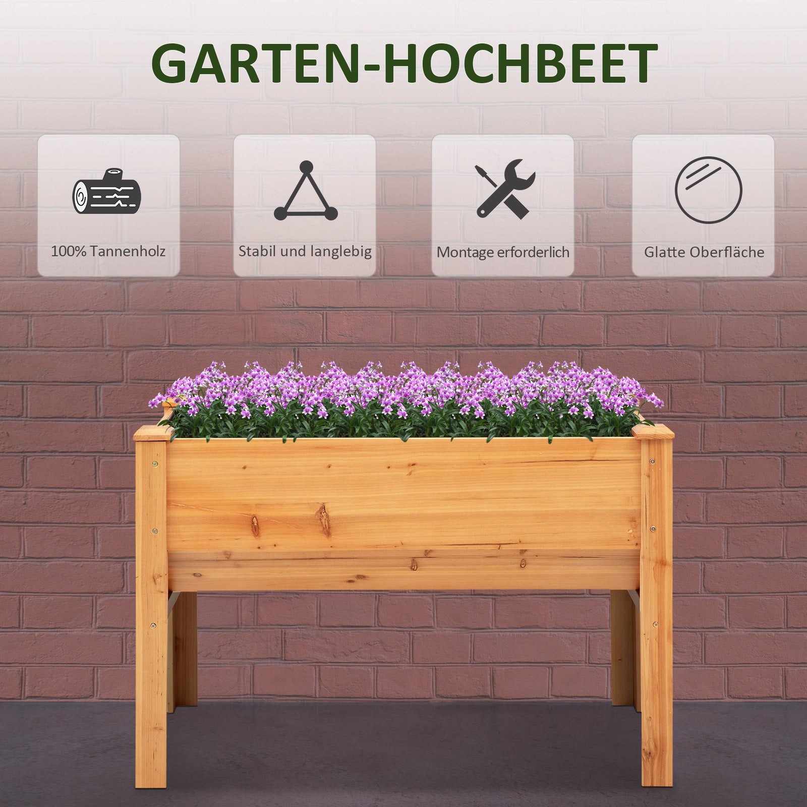 Outsunny Hochbeet aus Holz Kräuterbeet Pflanzkasten mit Abflussloch Haken Blumenkasten mit Füßen Massivholz Natur 120 x 60 x 81 cm