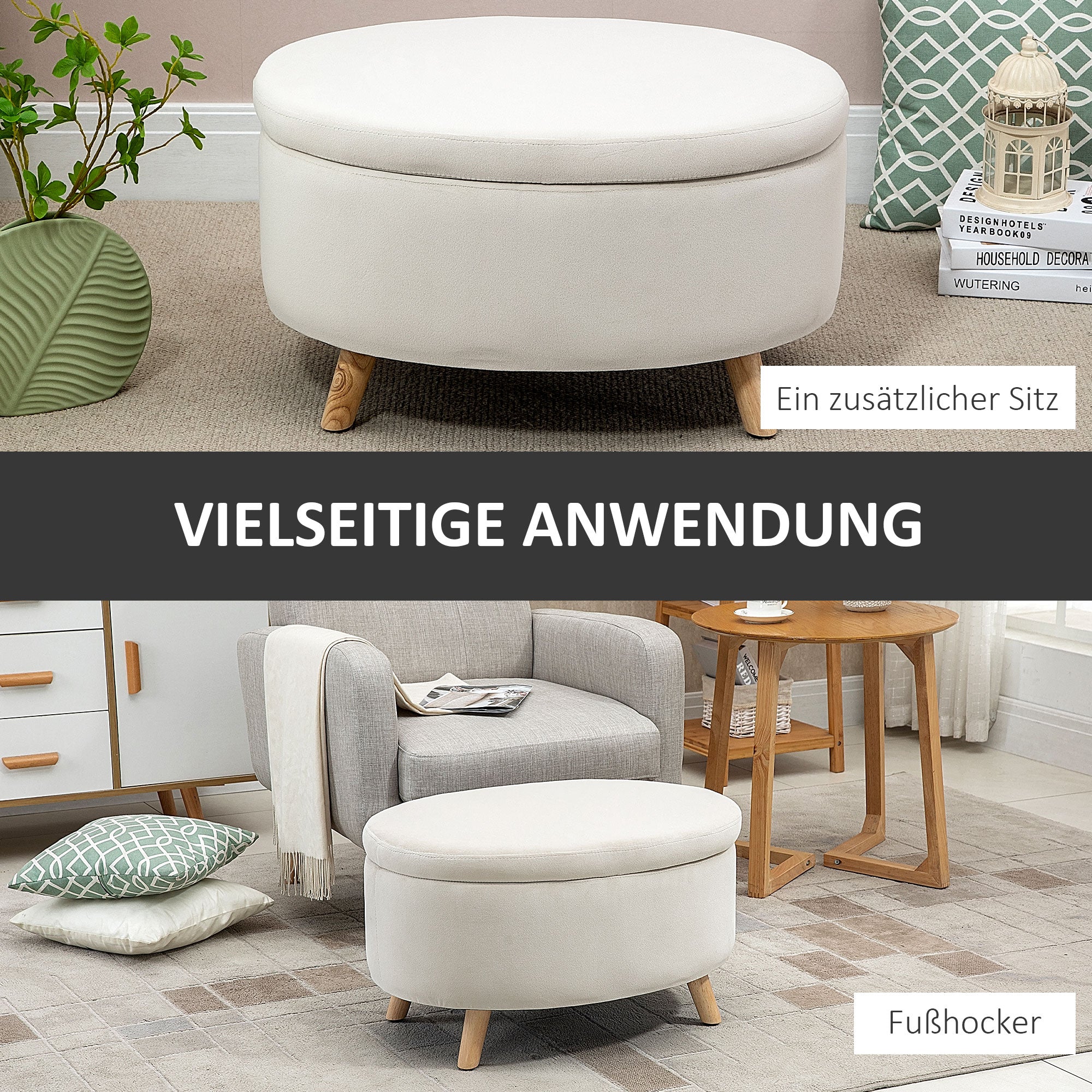 HOMCOM Sitzbank mit Stauraum, Hocker, ovale Form, Samtoptik, bis 120 kg, 71 x 51,5 x 42 cm, Beige