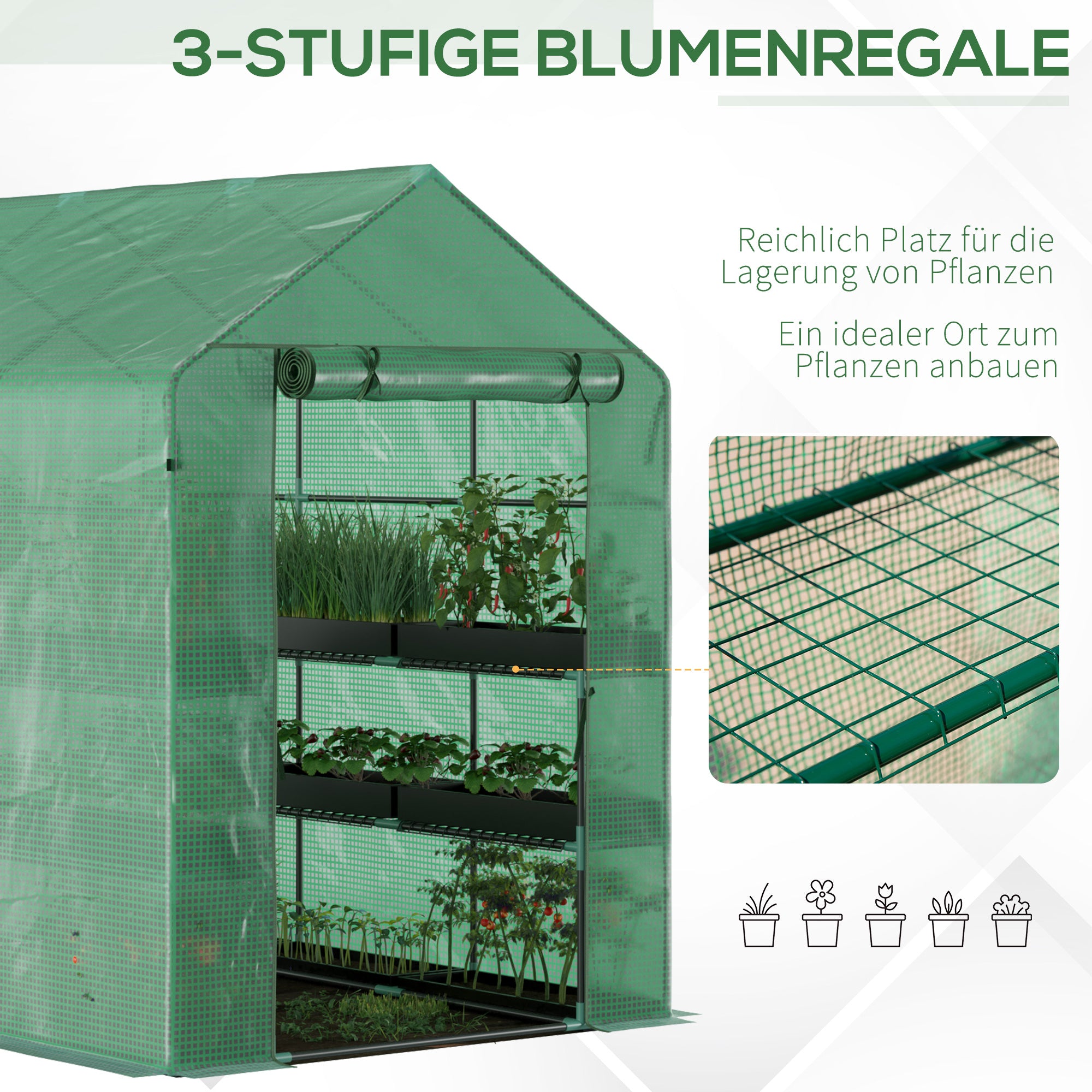 Outsunny Foliengewächshaus begehbares Gewächshaus mit 8 Regalebenen Tomatengewächshaus Treibhaus Frühbeet mit Tür Grün Stahl PE-Kunststoff 214 x 143 x 195 cm