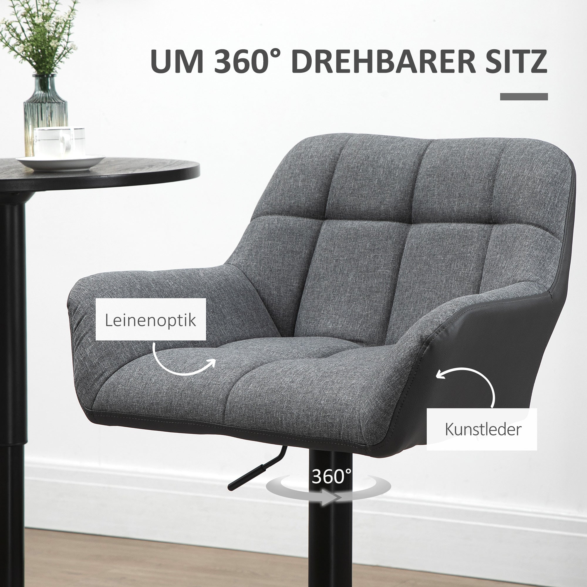 HOMCOM Barhocker 2er-Set Retro-Design höhenverstellbar Kunstleder Leinenoptik Grau + Schwarz
