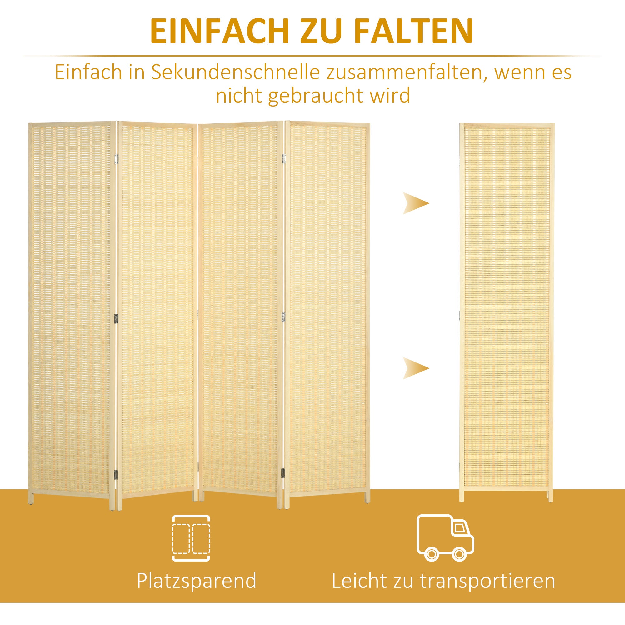 HOMCOM 4-teiliger Raumteiler, 180 x 180 cm, Faltbarer Sichtschutz aus Bambus und Baumwolle für Wohnzimmer, Schlafzimmer, Natur