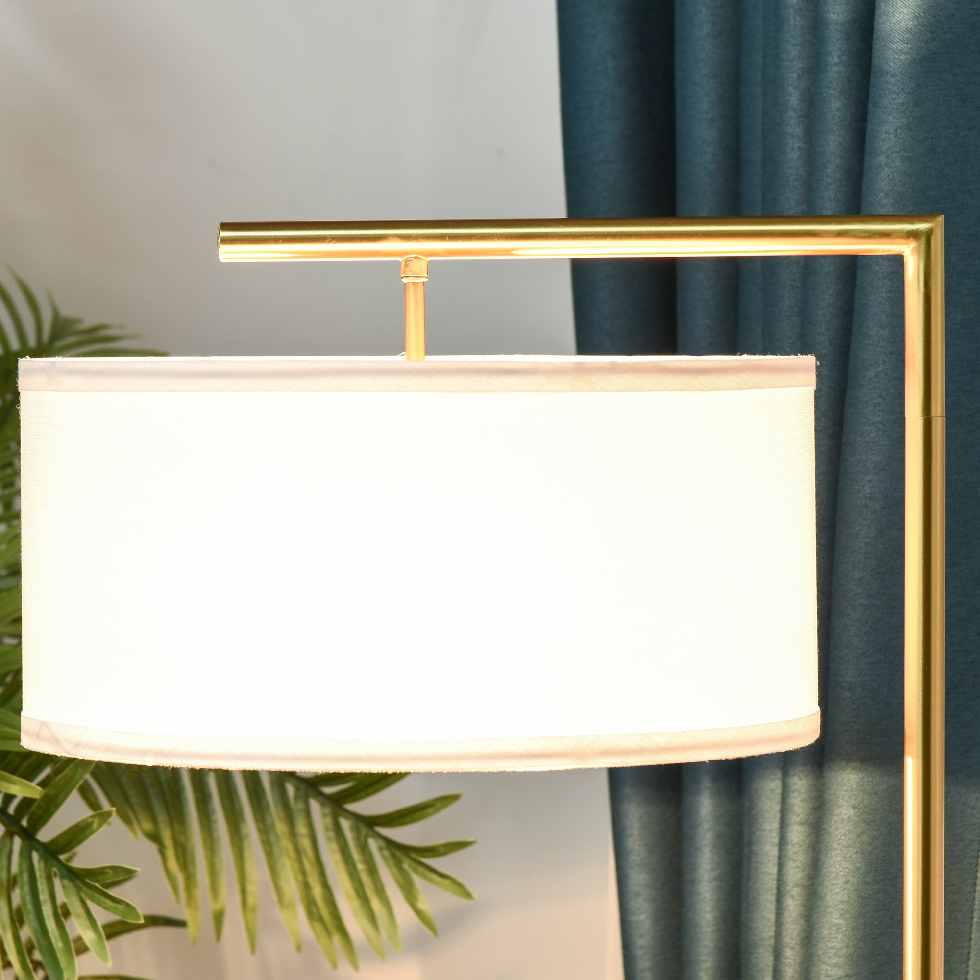 HOMCOM Stehleuchte, Stehlampe, E27 Sockel, Goldoptik, weißer Stoffschirm, Fußschalter, Stahl, 47 x 37 x 153 cm