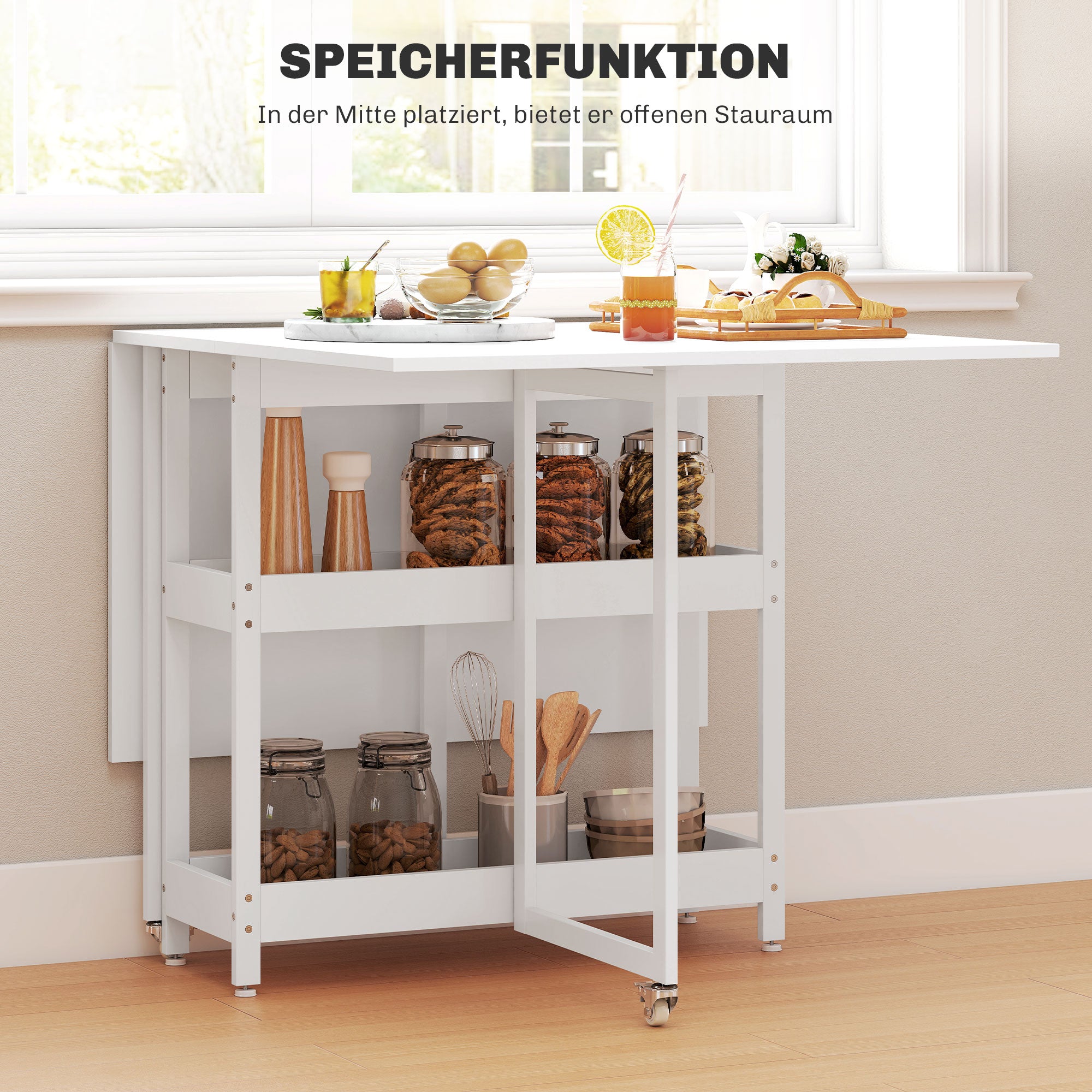 HOMCOM Klappbarer Esstisch im Industriedesign, für bis zu 4 Personen, offene Regale, flexibel, Metall, Spanplatte, Weiß