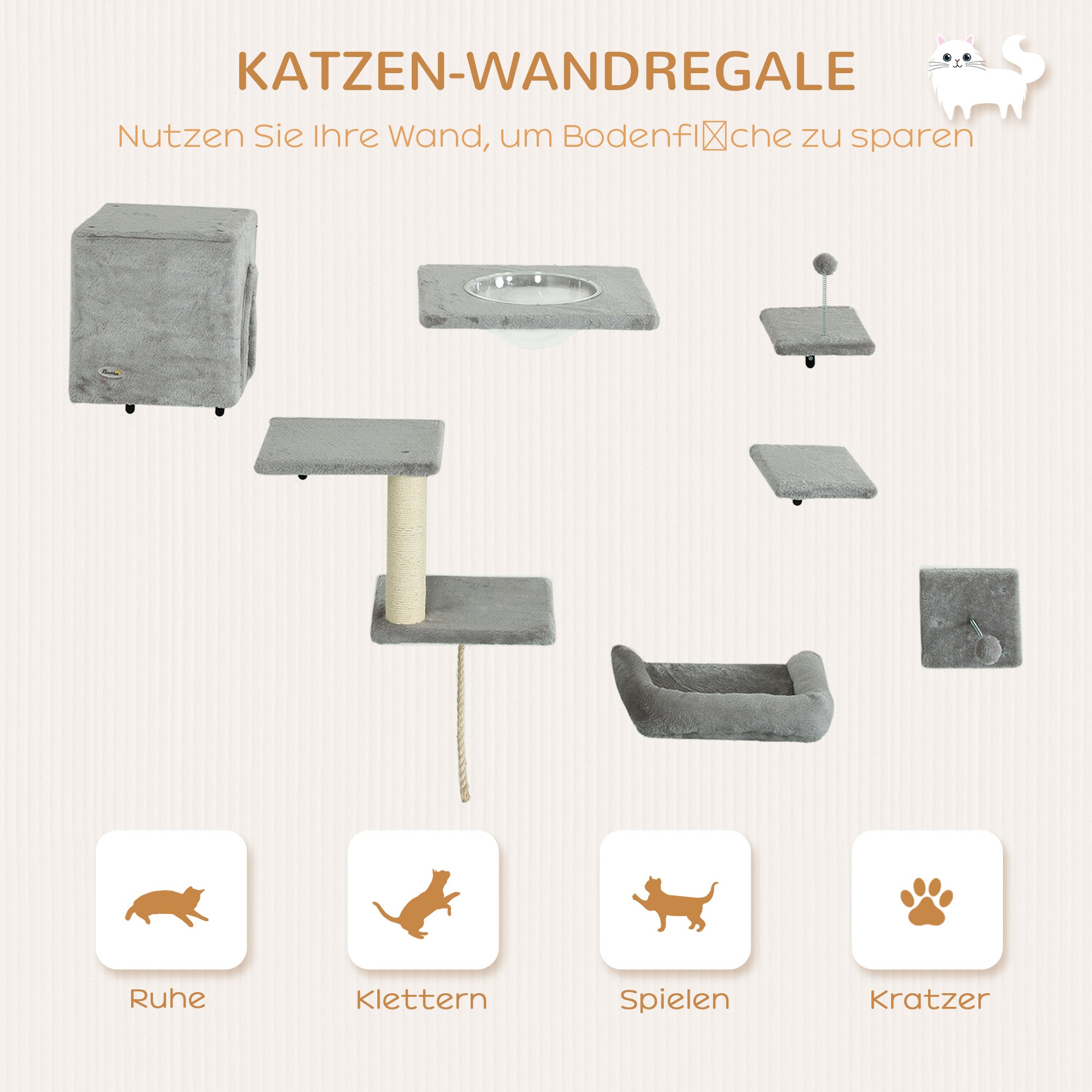 PawHut Kletterwand Katzen 7-teilig Katzen Kletterwand Set mit Katzenhaus, Plattform, Plattform Grau