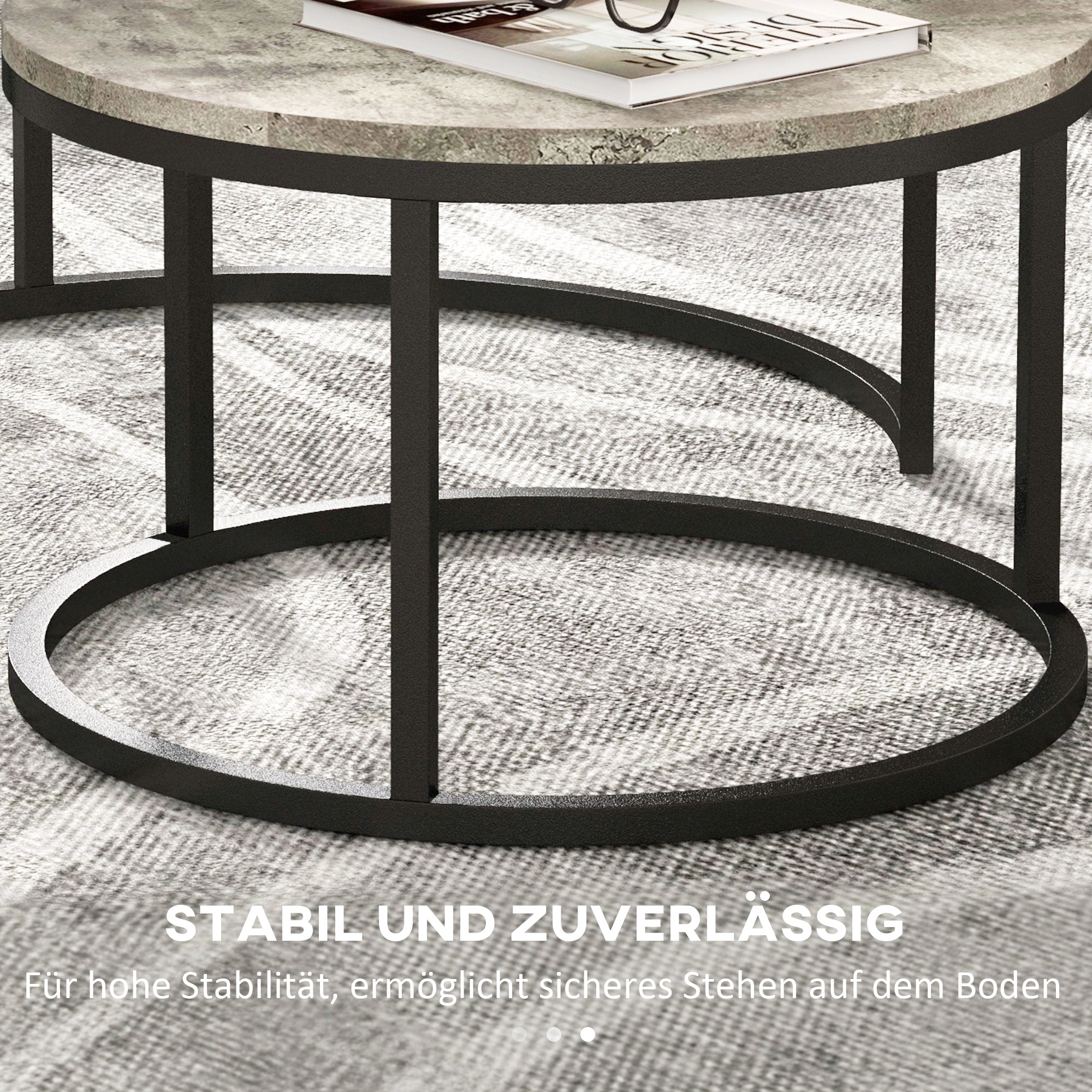 HOMCOM Couchtisch-Set, 2 runde Satztische, Industriedesign, Metallgestell, Marmoroptik/Grau