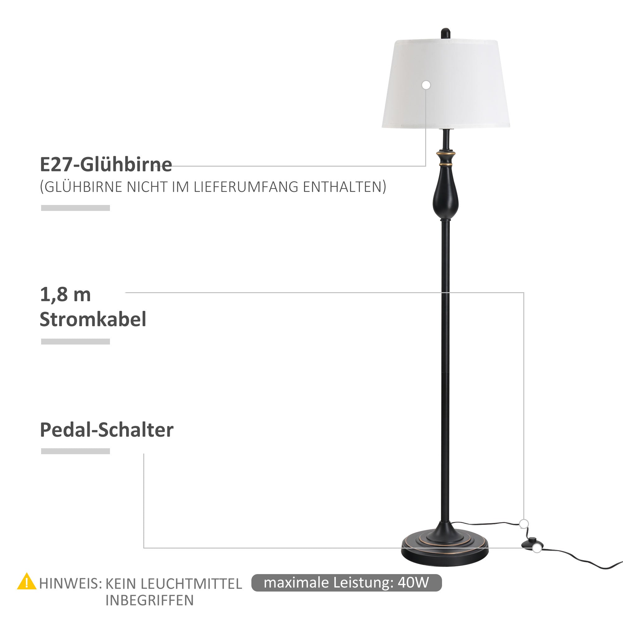 HOMCOM 3er-Lampenset 2 Tischlampe(ø30 x 62H cm) + 1 Stehlampe(ø38 x 158H cm)  Vintage, Schwarz+Weiß, Metall, PS, Polyester, Baumwolle E27 Lampensockel
