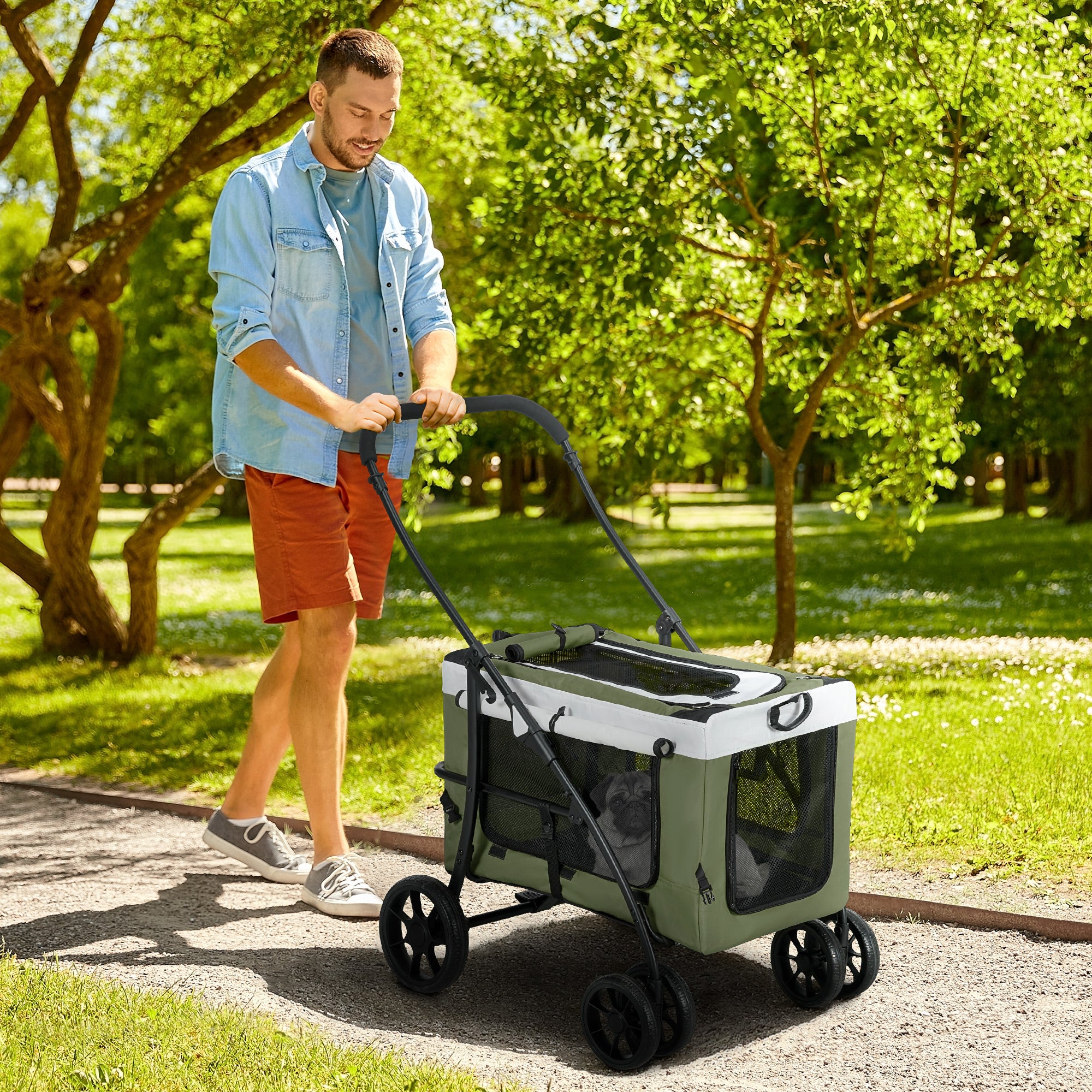 PawHut Hundbuggy Haustierbuggy Hundewagen, klappbar, abnehmbarer Korb, 81 x 58 x 97,5 cm, Schwarz+Dunkelgrün+Weiß
