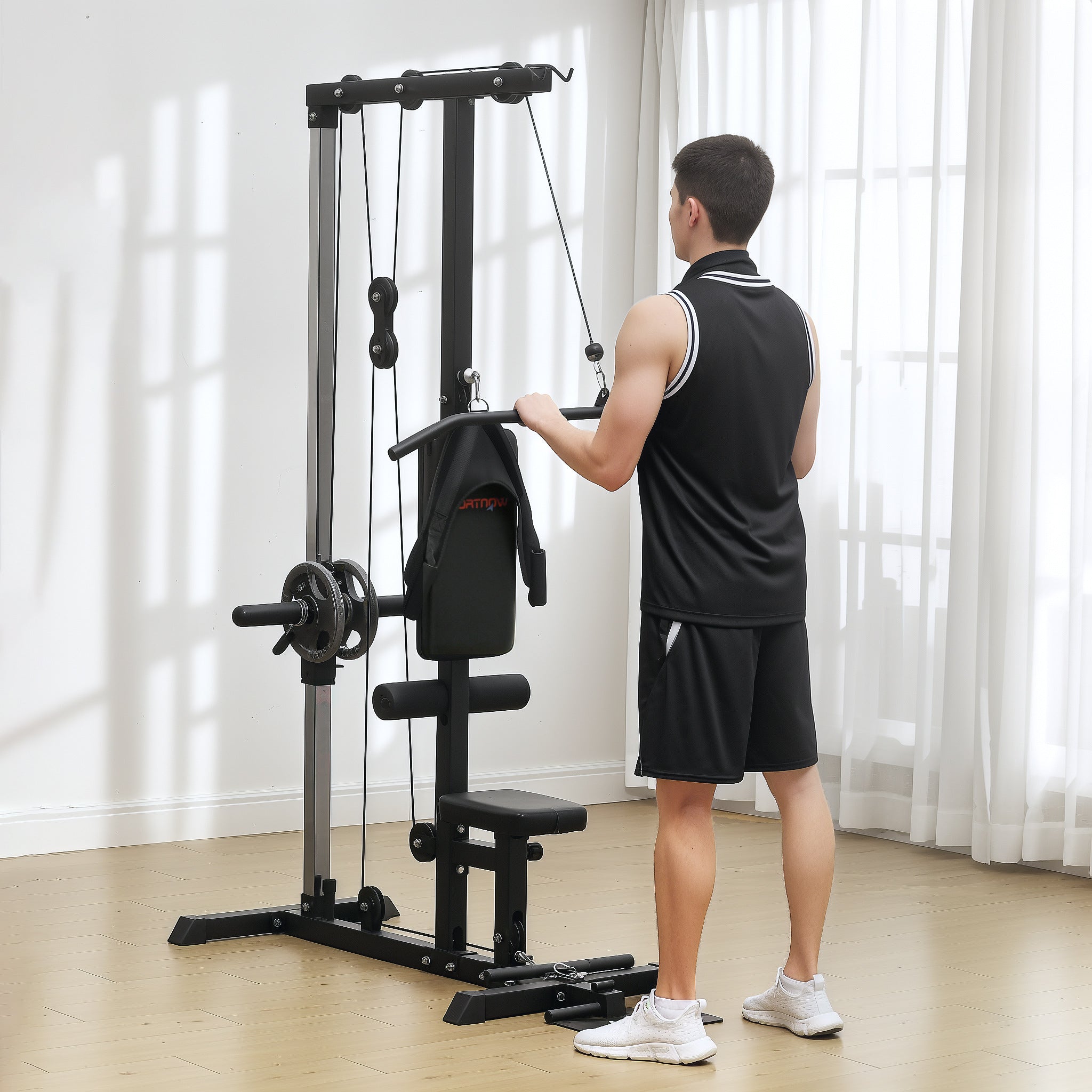 SPORTNOW Kraftstation für Zuhause, Ruderzüge, ohne Gewichte, Fitnessgerät für Zuhause, Stahl, Kunstleder, Schwarz