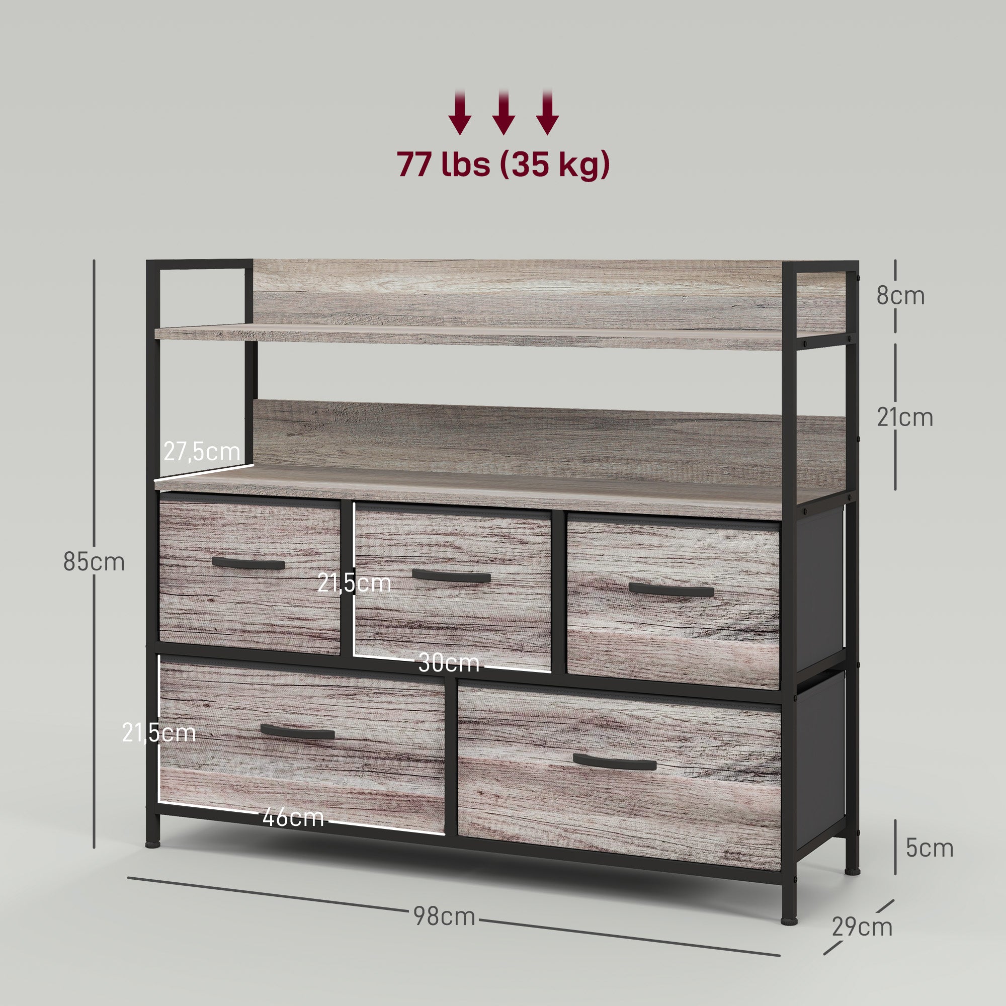 HOMCOM Stoff-Kommode, 5 faltbare Schubladen, 2 Regale, Stahlrahmen, 98 x 29 x 85 cm, Grau