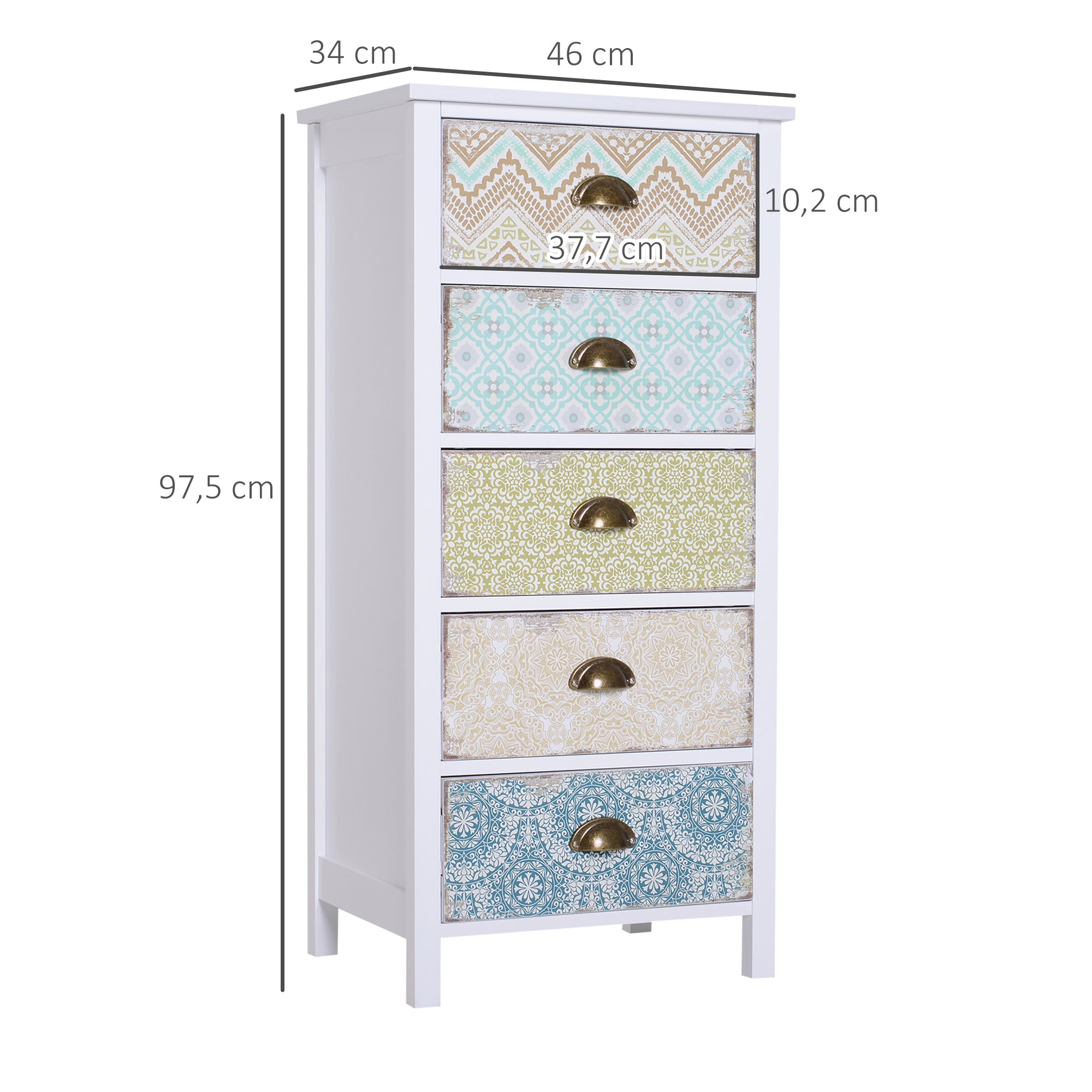 HOMCOM Kommode Schubladenkommode Siedeboard, Modern-Design, 5 Schubladen, 46 cm x 34 cm x 97,5 cm, Bunt