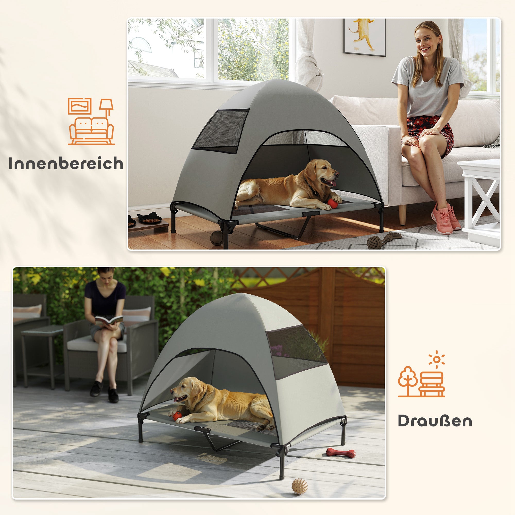 PawHut Hundeliege Outdoor mit Dach, Erhöhtes Hundebett für Große Hunde, 106 x 76 x 99 cm, Hellgrau