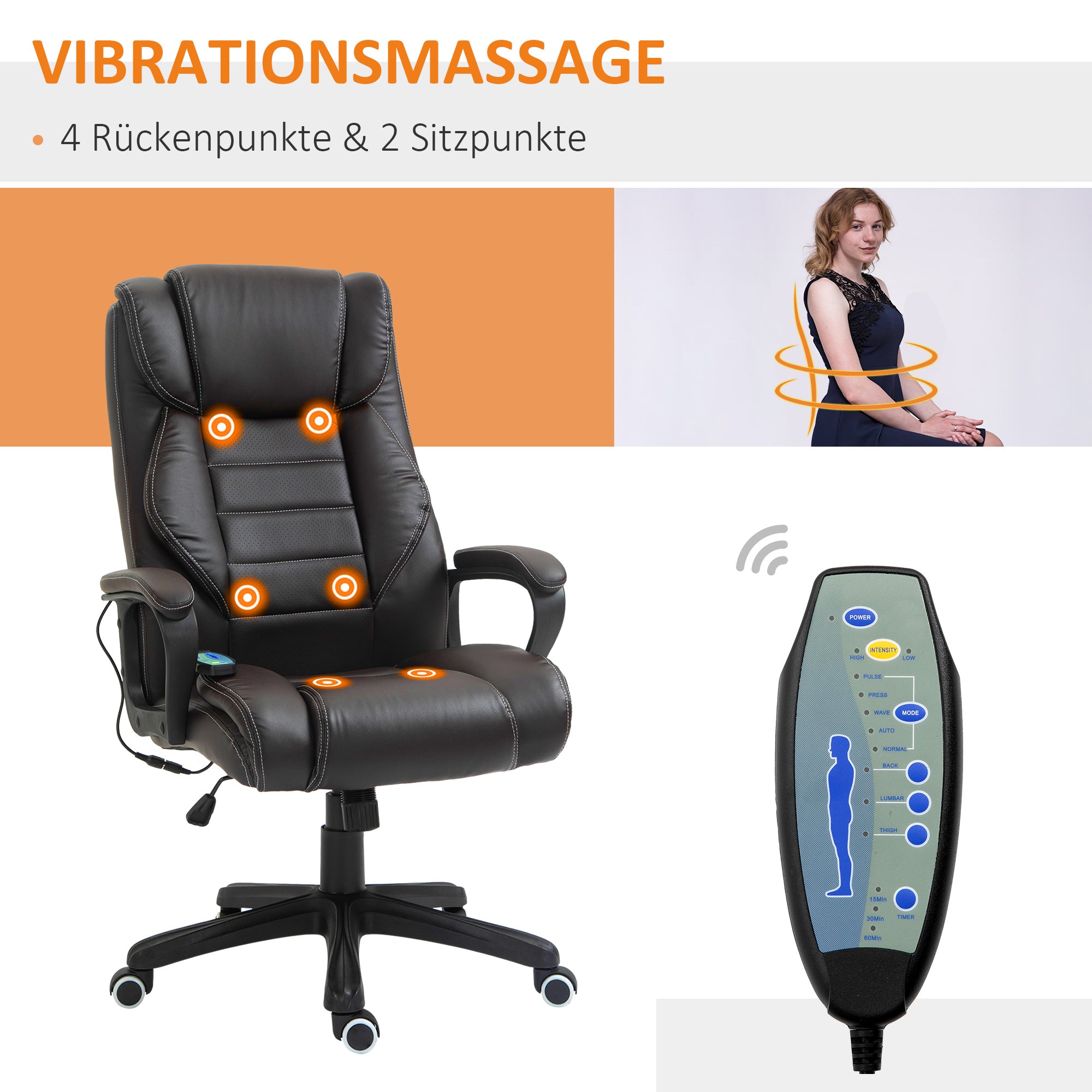 Vinsetto Bürostuhl mit Massagefunktion, höhenverstellbarer Chefsessel, ergonomischer Drehstuhl, 6 Vibrationspunkte, Braun