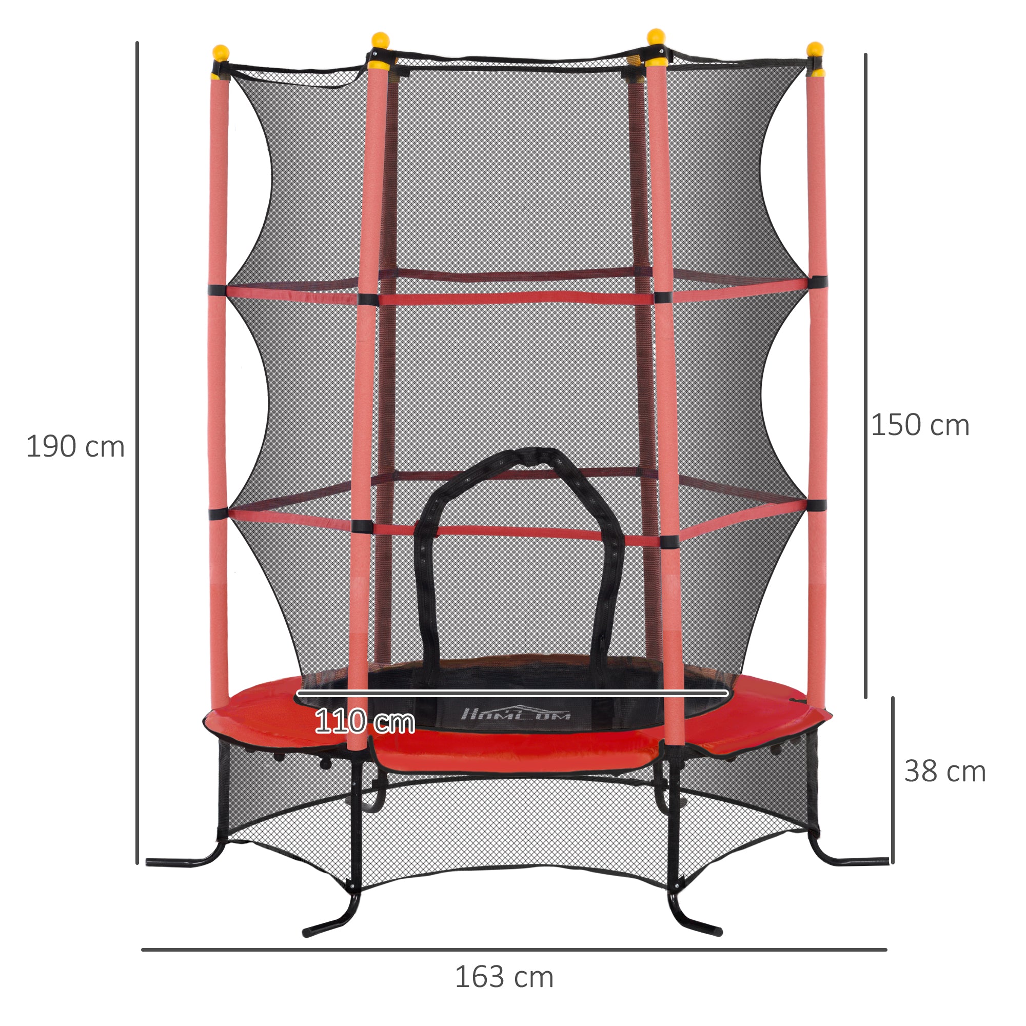 HOMCOM Trampolin für Kinder, Ø163 cm, mit Sicherheitsnetz, für drinnen und draußen, Belastung bis 50 kg, Stahl, Kunststoff, Rot