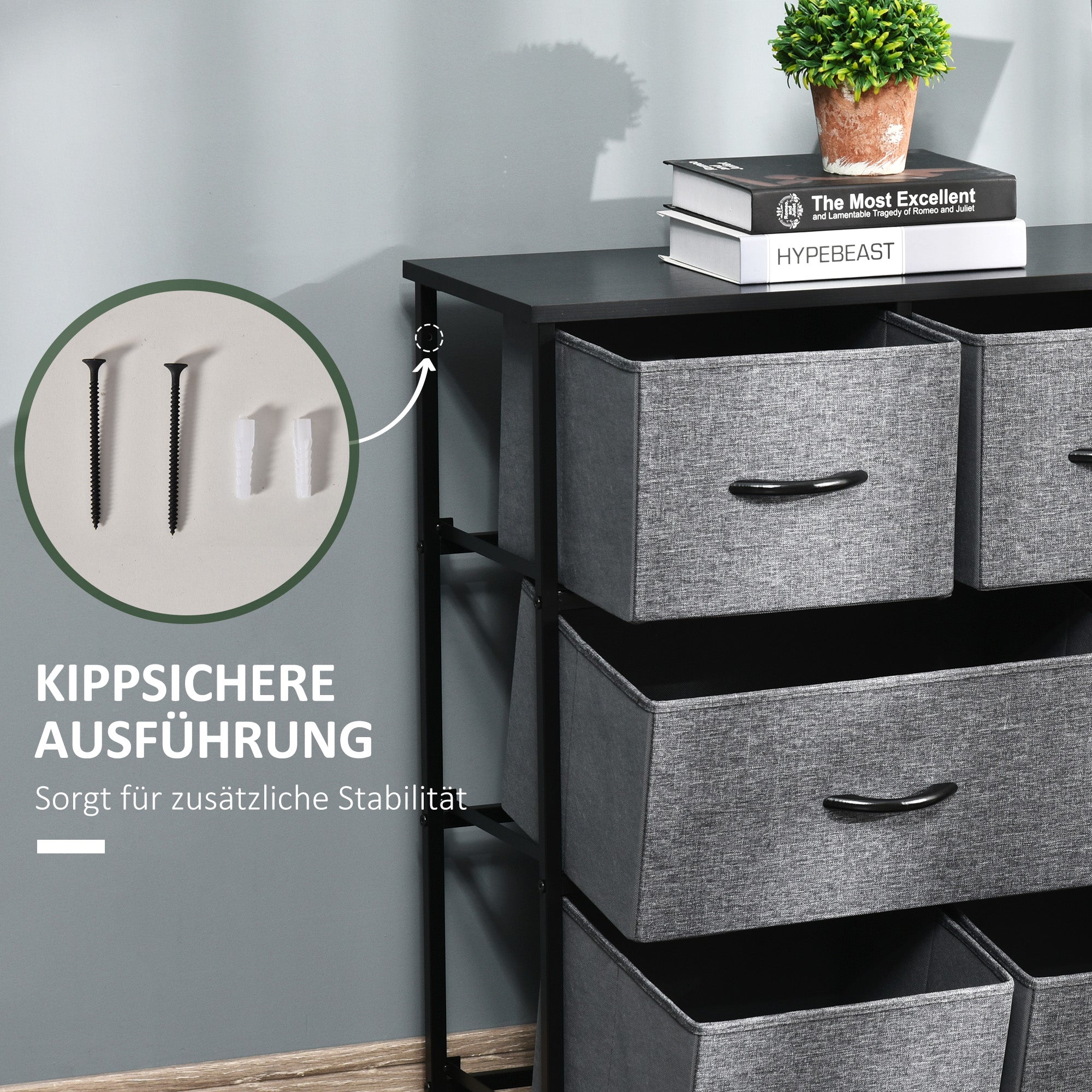 HOMCOM Kommode mit 8 Stoffschubladen, 2 große, 6 kleine, Metallrahmen, Kippschutz, Grau