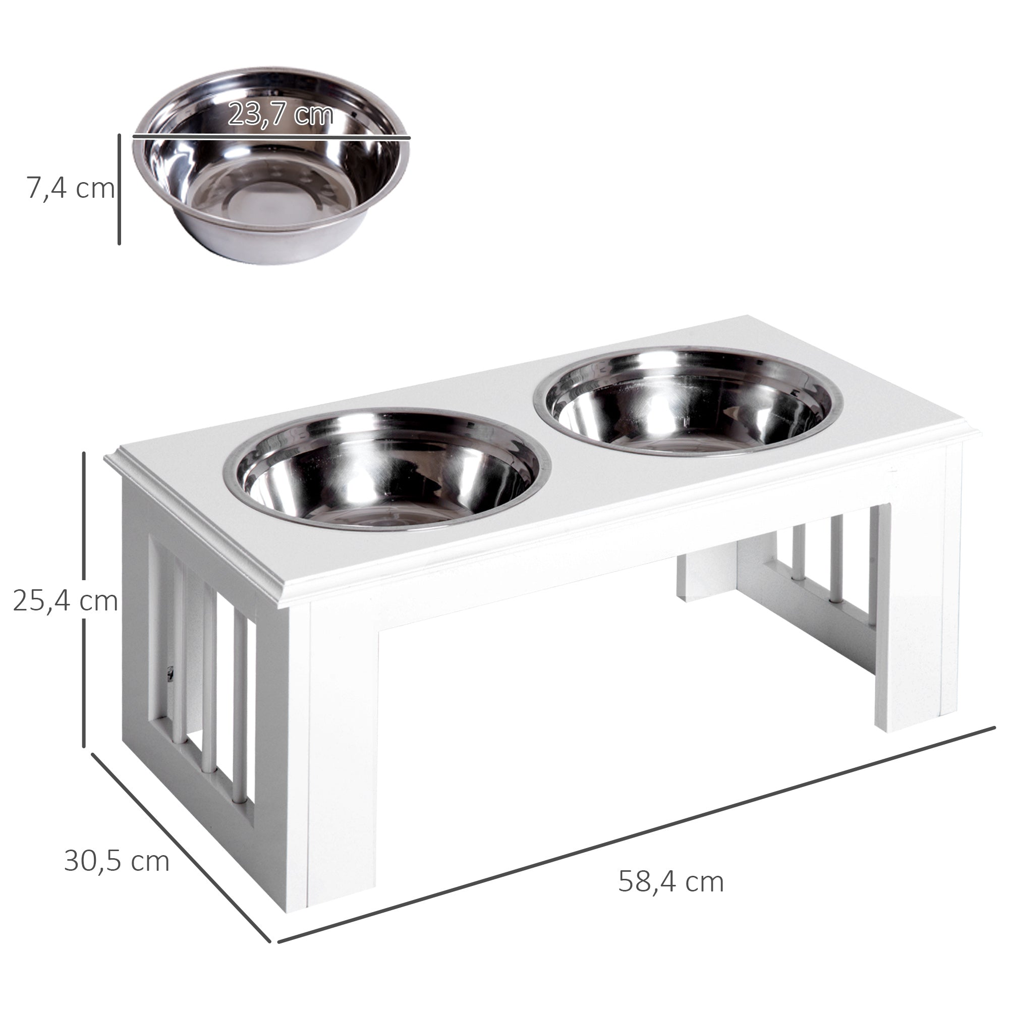 PawHut Hunde-Futterstation, rutschfest, 58,4 x 30,5 x 25,4cm, Weiß, 2L pro Napf