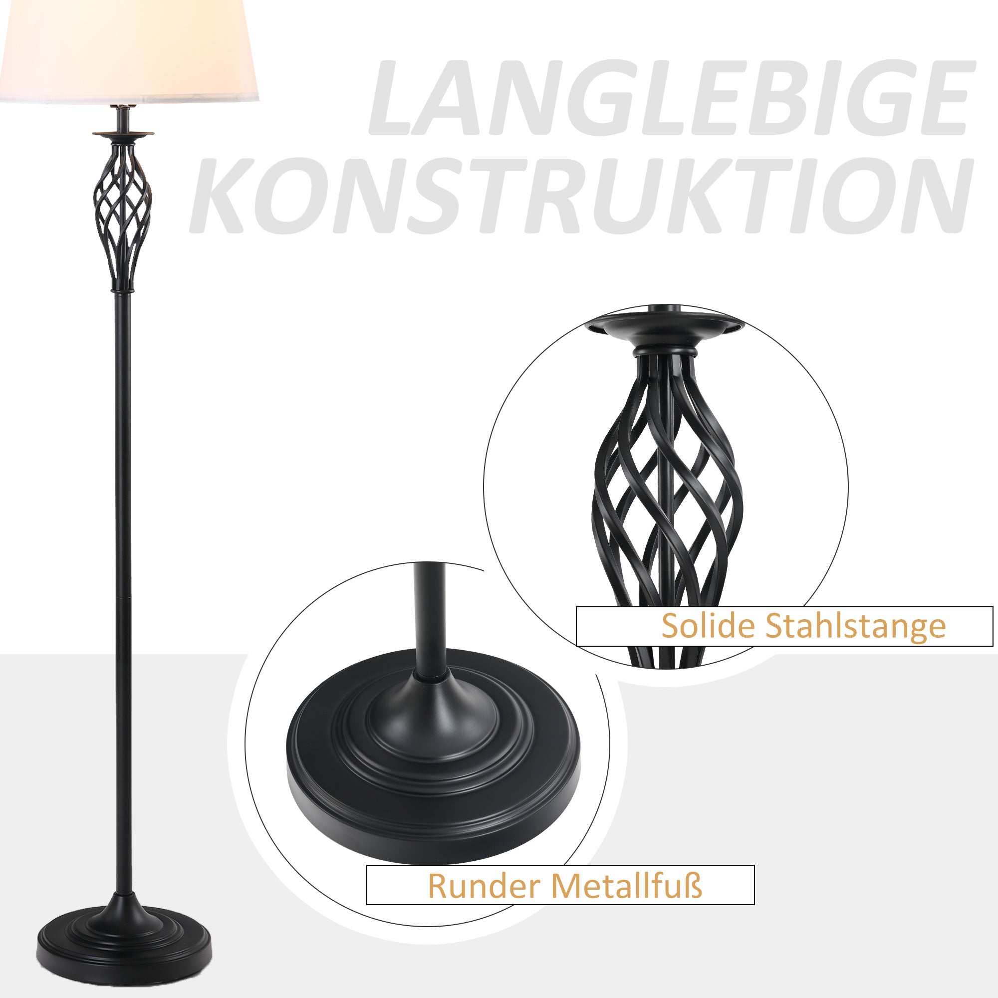 HOMCOM 3er-Lampenset 2 Tischlampe(ø38 x 158H cm) + 1 Stehlampe(ø30 x 62H cm) Metall, PS, Polyester, Baumwolle, Vintage, Schwarz+Weiß