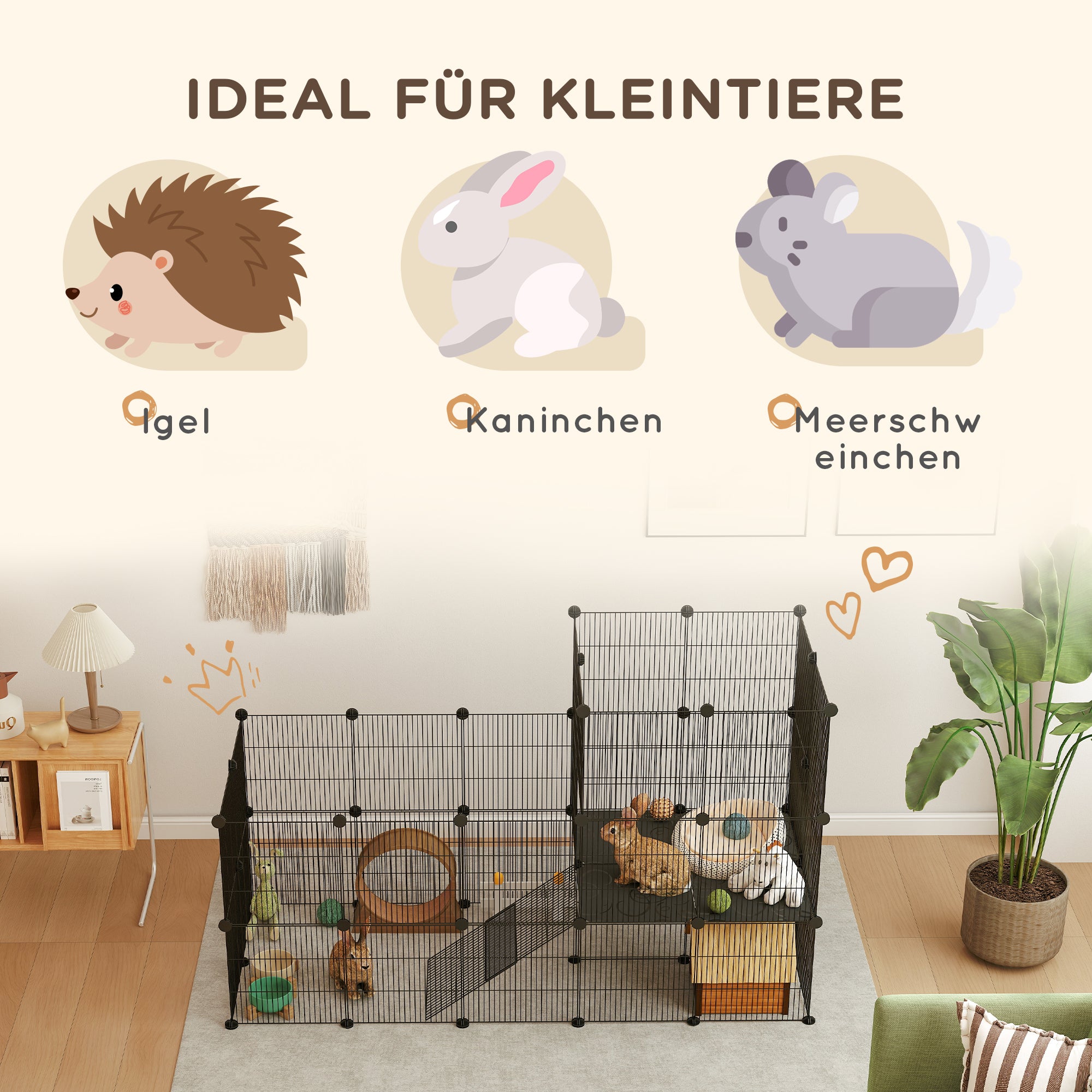 PawHut Gehege für Zwergkaninchen, 39-Paneel-Stall für kleine Haustiere, mit Rampe, für Kleintiere, Indoor, Schwarz