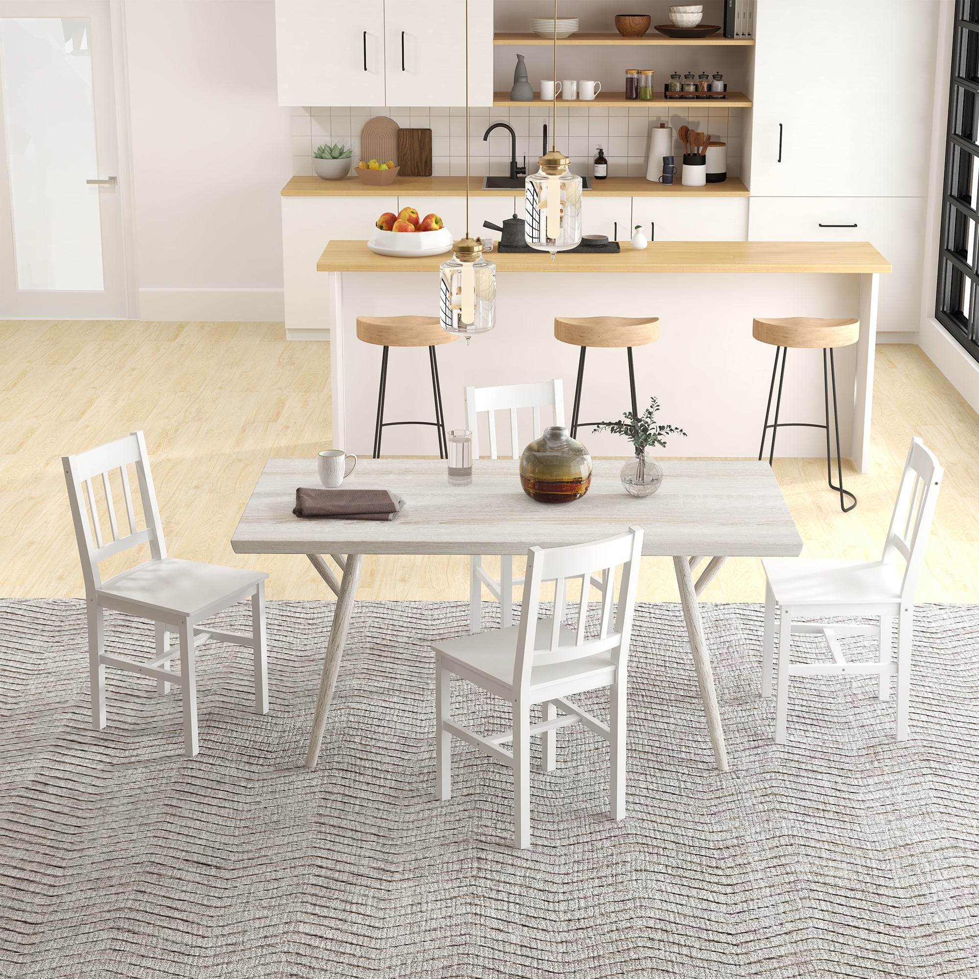 HOMCOM 4er-Set Esszimmerstühle Küchenstühle Stühle, Massivholz, 41 cm x 46,5 cm x 85,5 cm, Weiß