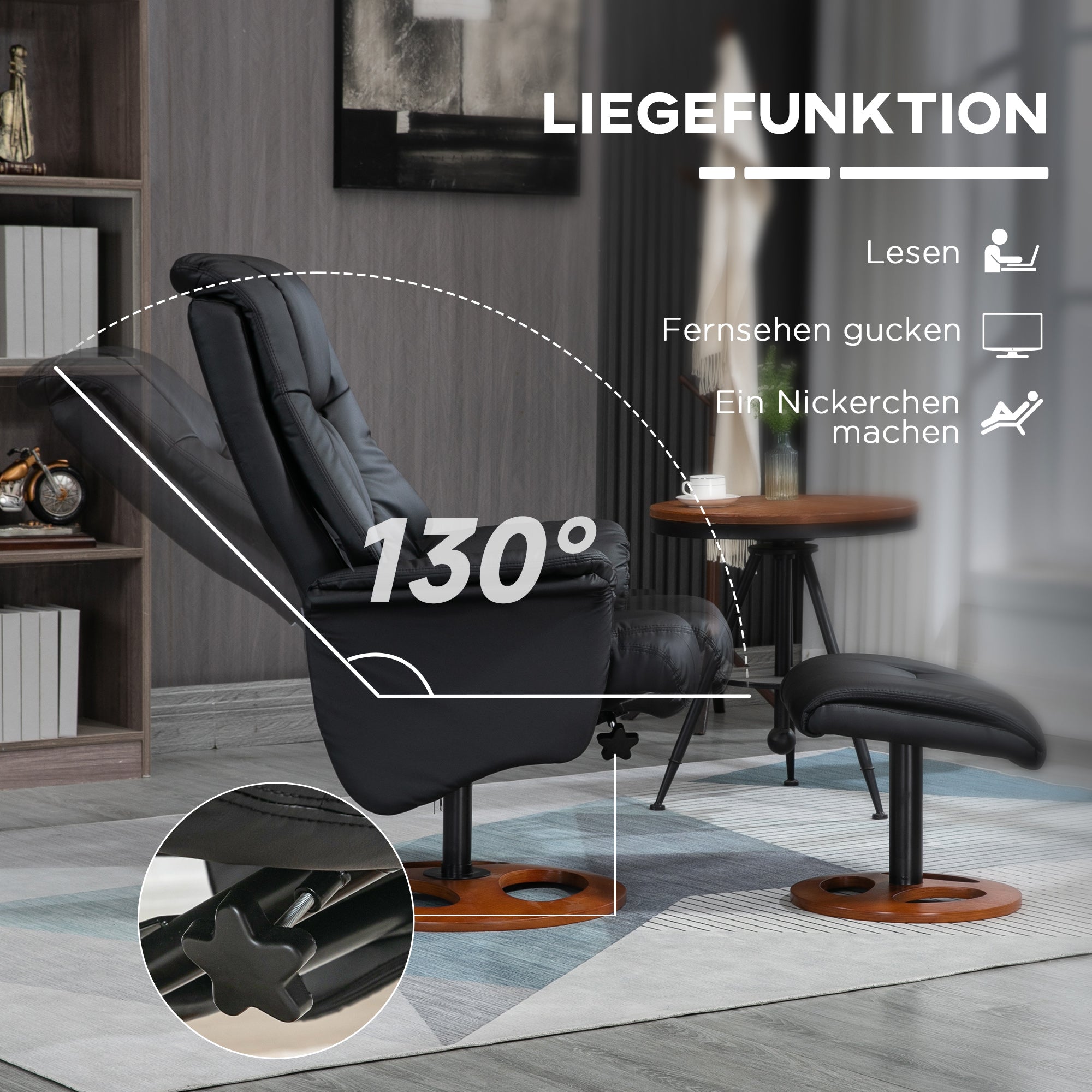 HOMCOM Relaxsessel mit Ottomane, Sessel mit Fußhocker, verstellbare Rückenlehne, 77 cm x 89 cm x 110 cm, Schwarz