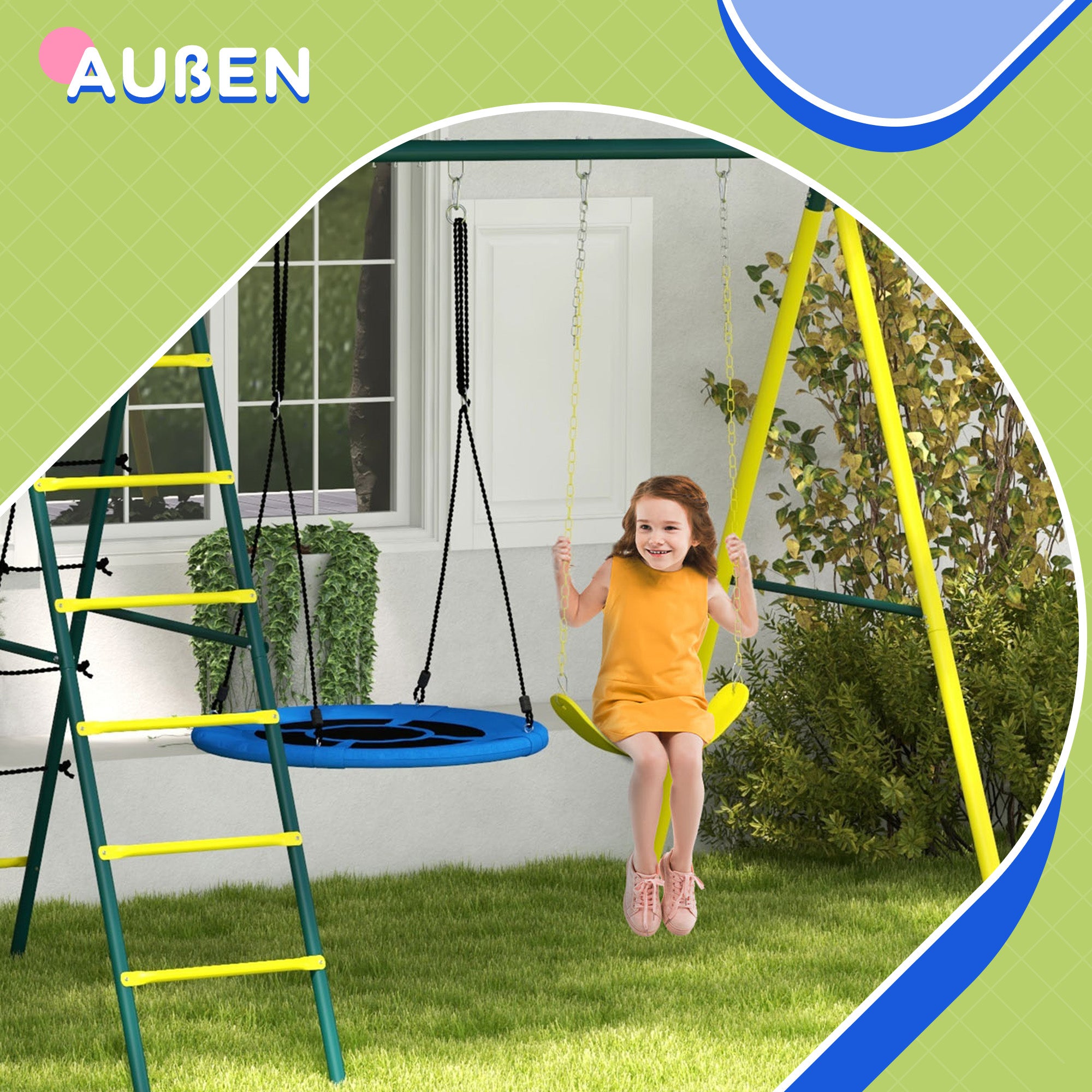 Outsunny Kinderschaukel-Gerüst mit 2 Schaukeln, Basketballkorb, Kletterleiter, 267x180x202 cm, Gelb
