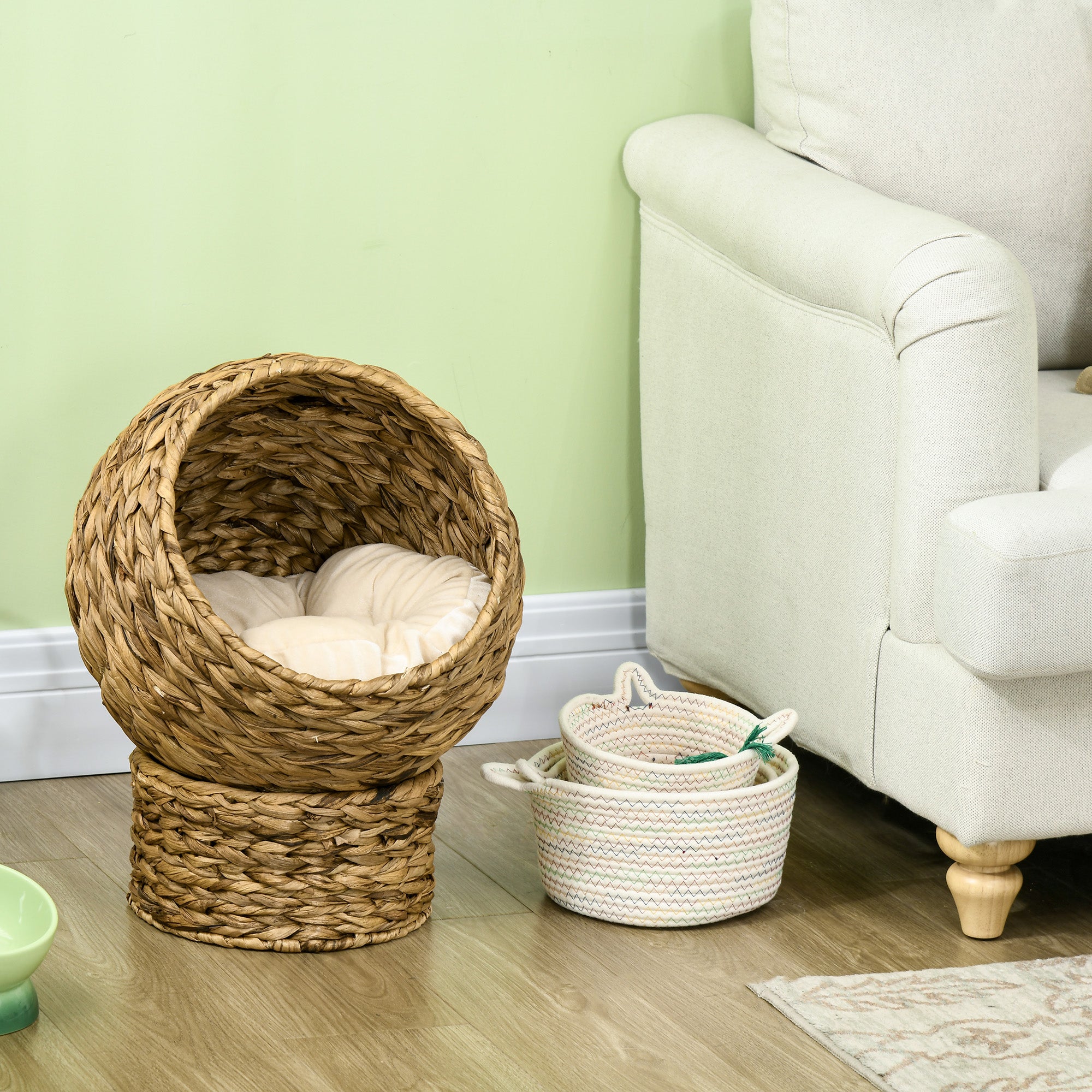 PawHut Rattan Katzenkorb Katzenhöhle Katzenhütte Katzenbett mit Kissen Haustierbett Wasserhyazinthe Braun 42 x 33 x 52 cm