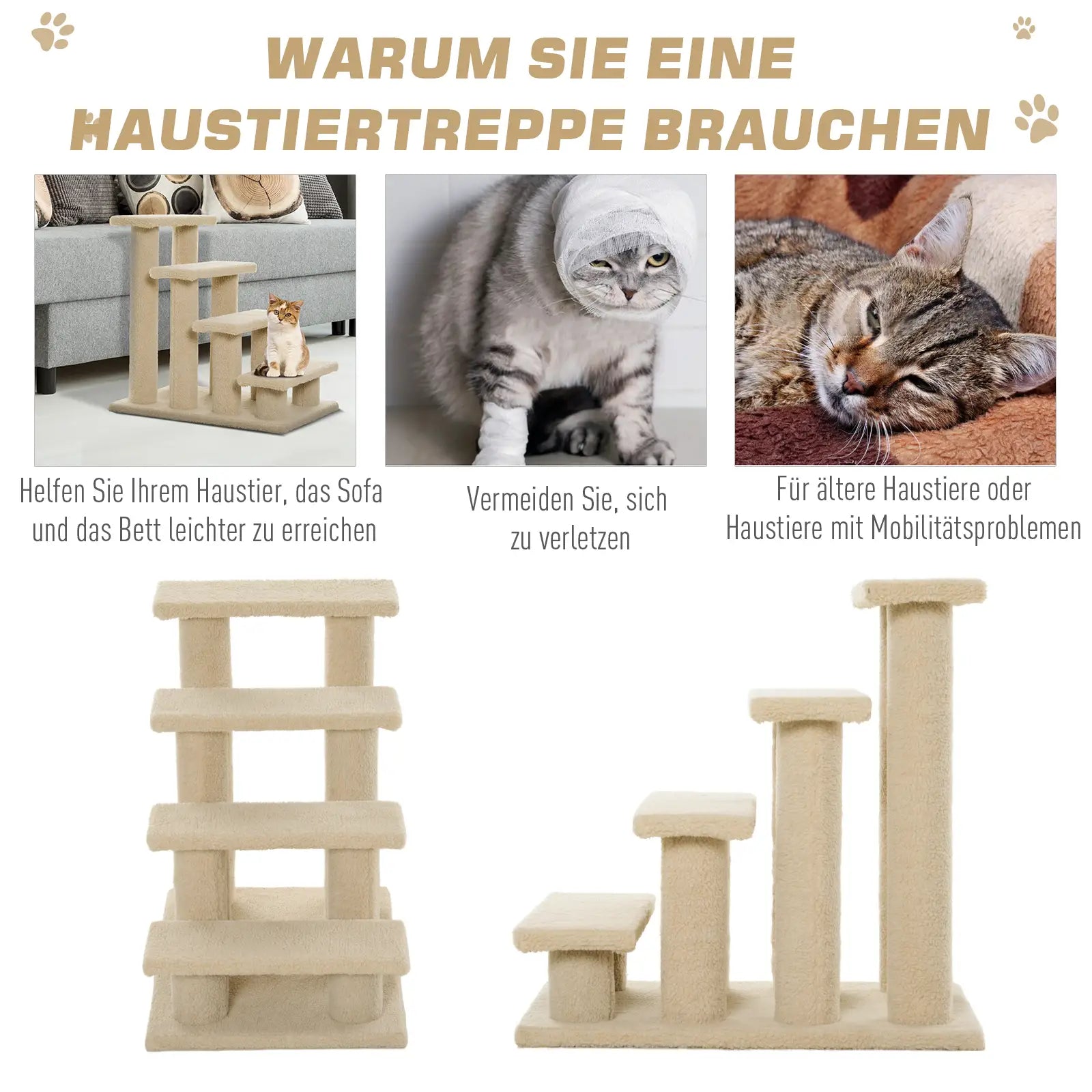 Escalier pour animaux de compagnie PawHut pour chiens et chats, 4 marches en peluche
