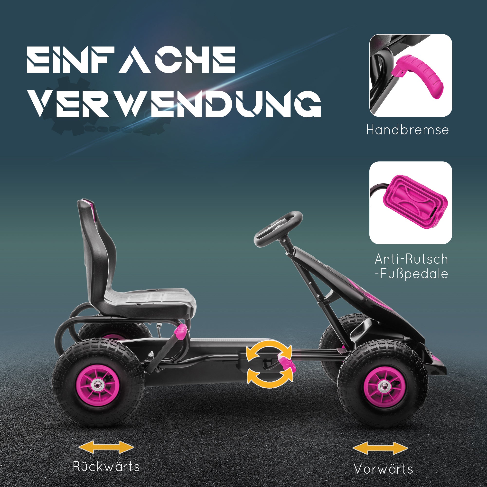 HOMCOM Kinder-Gokart, mit Pedalen, verstellbarem Sitz, In- und Outdoor, ab 5 Jahren, Rosa+Schwarz, 121 x 58 x 61 cm