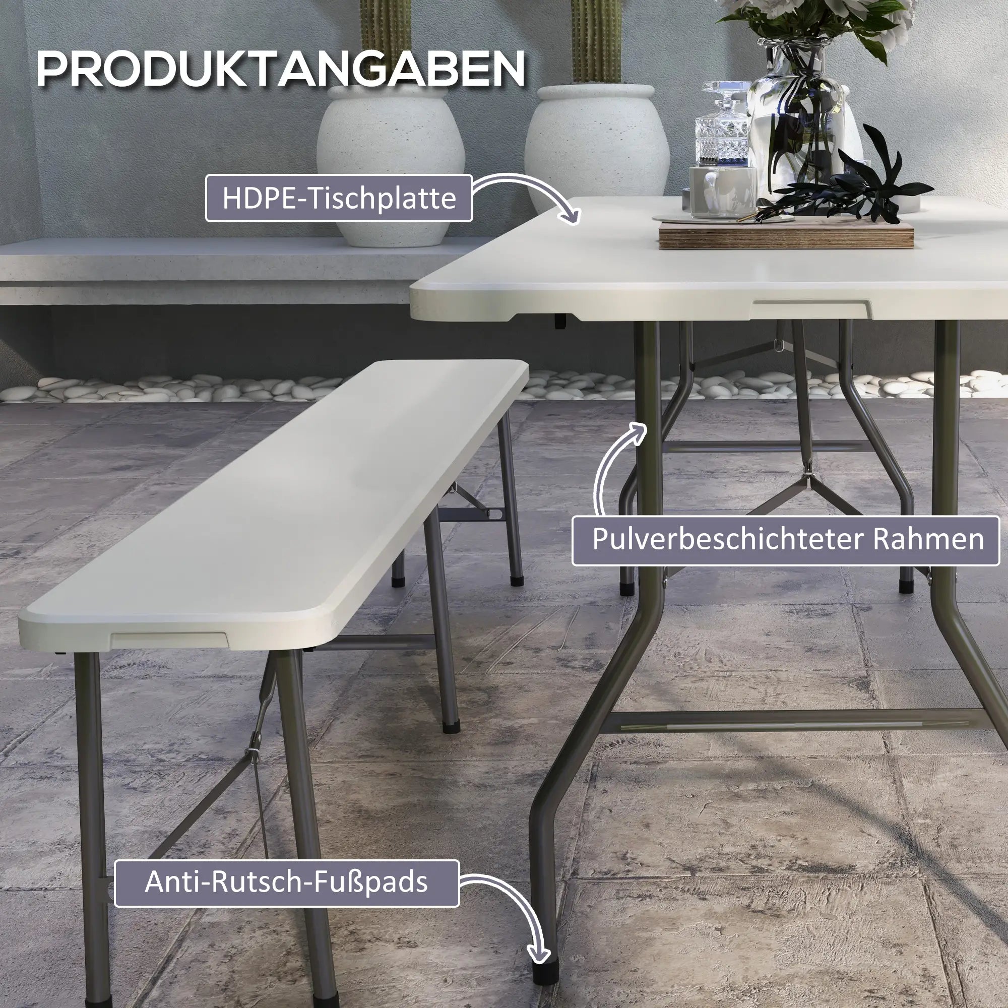 Klapptisch 180x75?cm für 6 Personen, Weiß, HDPE