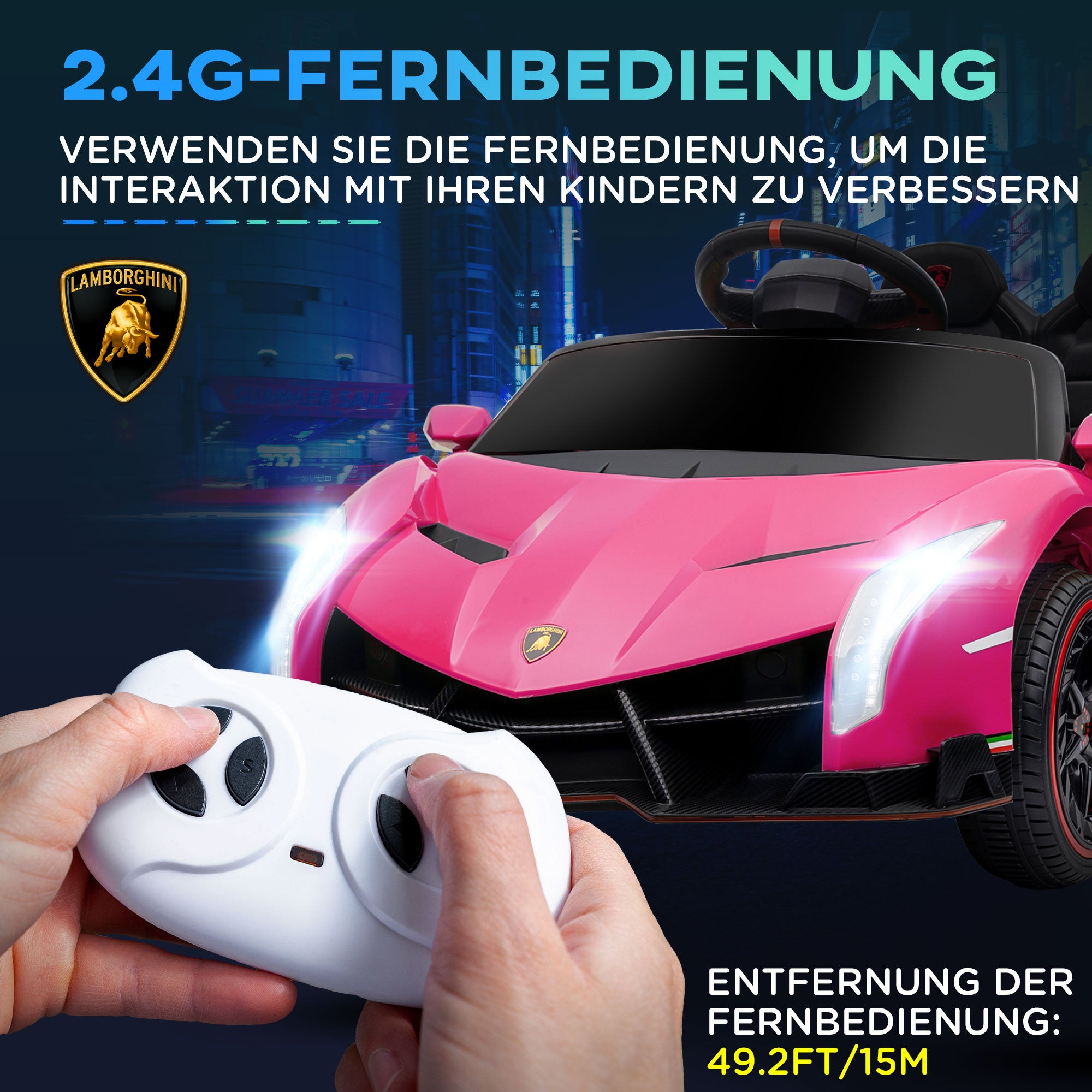 HOMCOM Elektro Kinderauto, lizenzierter Lamborghini Veneno, 3-7 km/h, Flügeltüren, Musikplayer, Fernsteuerung, pink