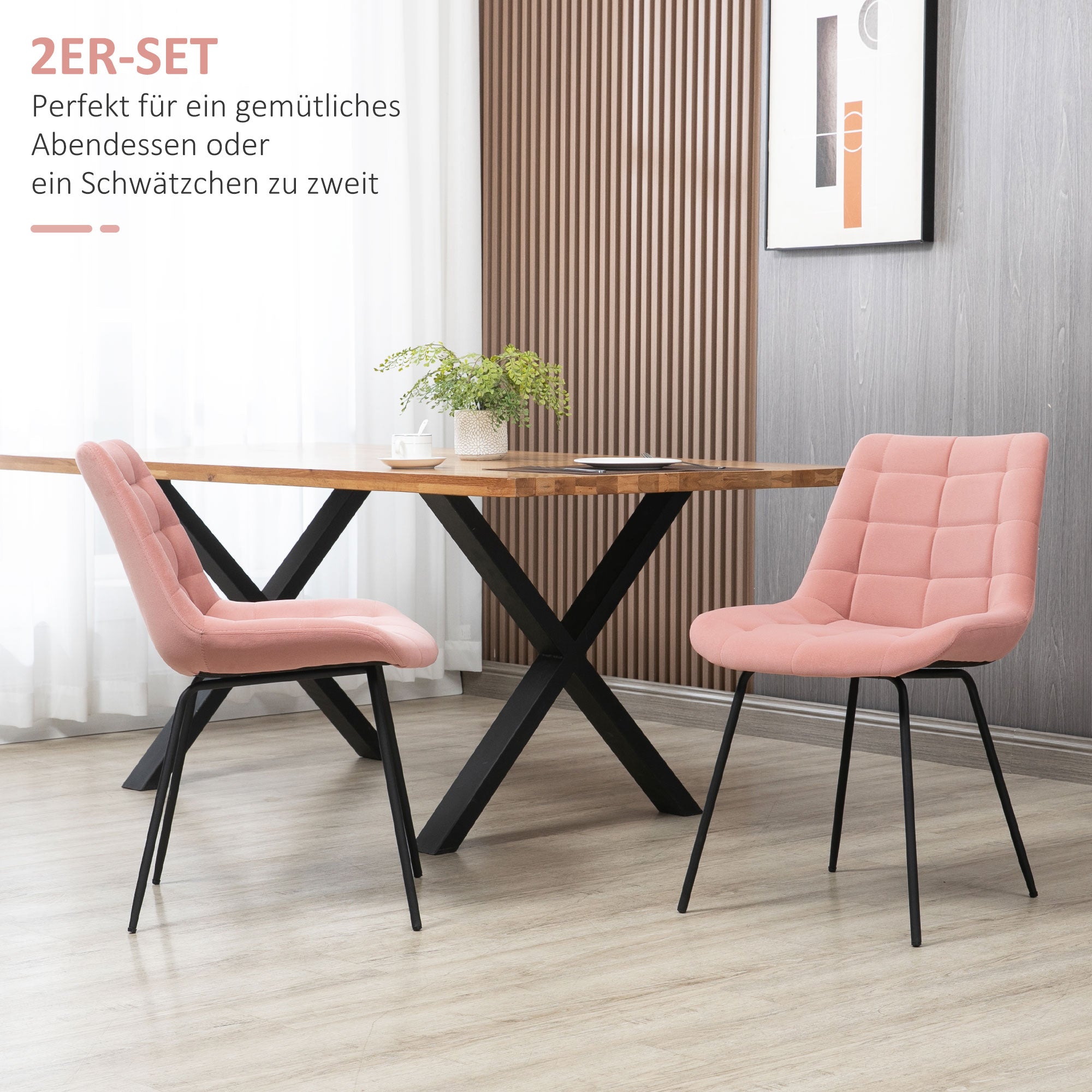 HOMCOM 2er-Set Esszimmerstühle  Akzentstühle Küchenstühle, Retro-Design, Samtoptik, 50 cm x 61 cm x 79 cm, Rosa