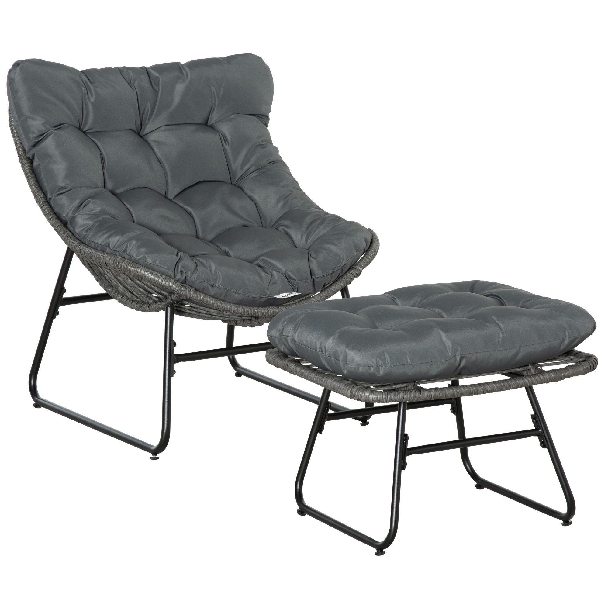 Outsunny Rattan Relaxsessel mit Fußhocker, Gartensessel mit dicke Kissen Outdoor Rattanstuhl Gartenstuhl für Garten, Balkon, Terrasse Grau