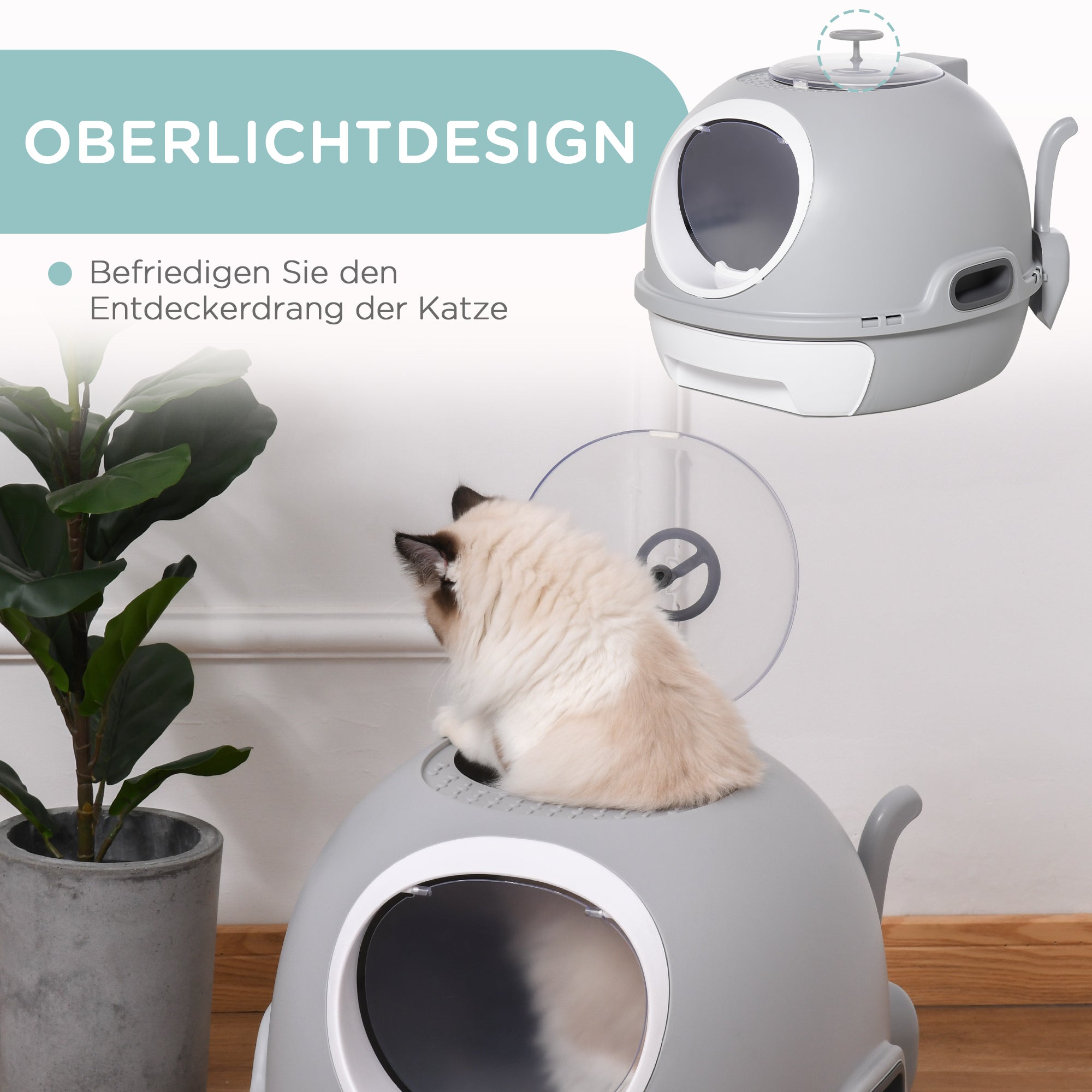 PawHut Katzentoilette mit Dachfenster, Katzenklo mit Bodenschale, mit Schaufel, Tragbar, PP ABS, Grau, 47 x 55 x 44 cm