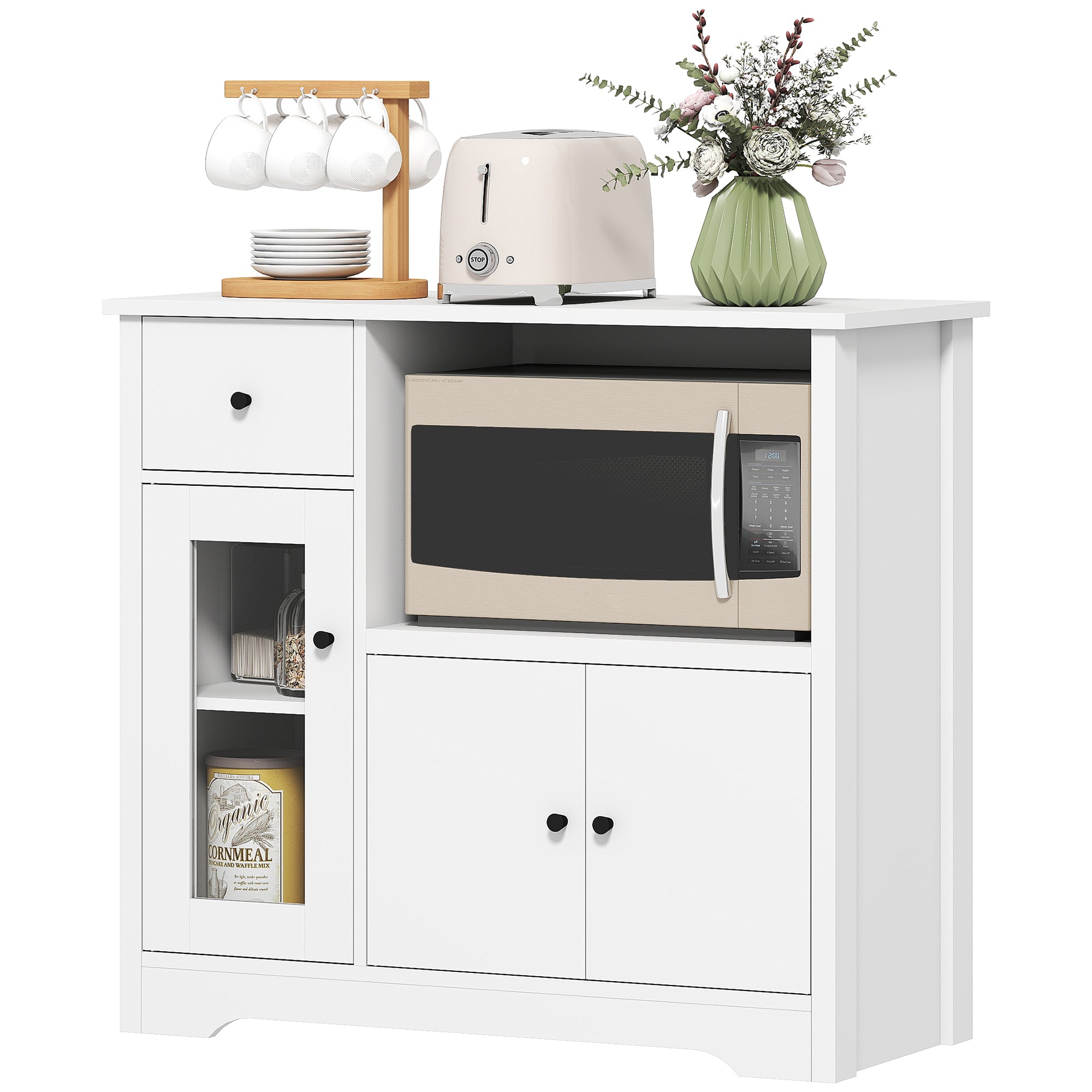 HOMCOM Küchenschrank mit Kabelloch, Kommode mit 2 Schränken, offenes Fach, Schublade, 80 x 35 x 72,2 cm, Spanplatte, Weiß