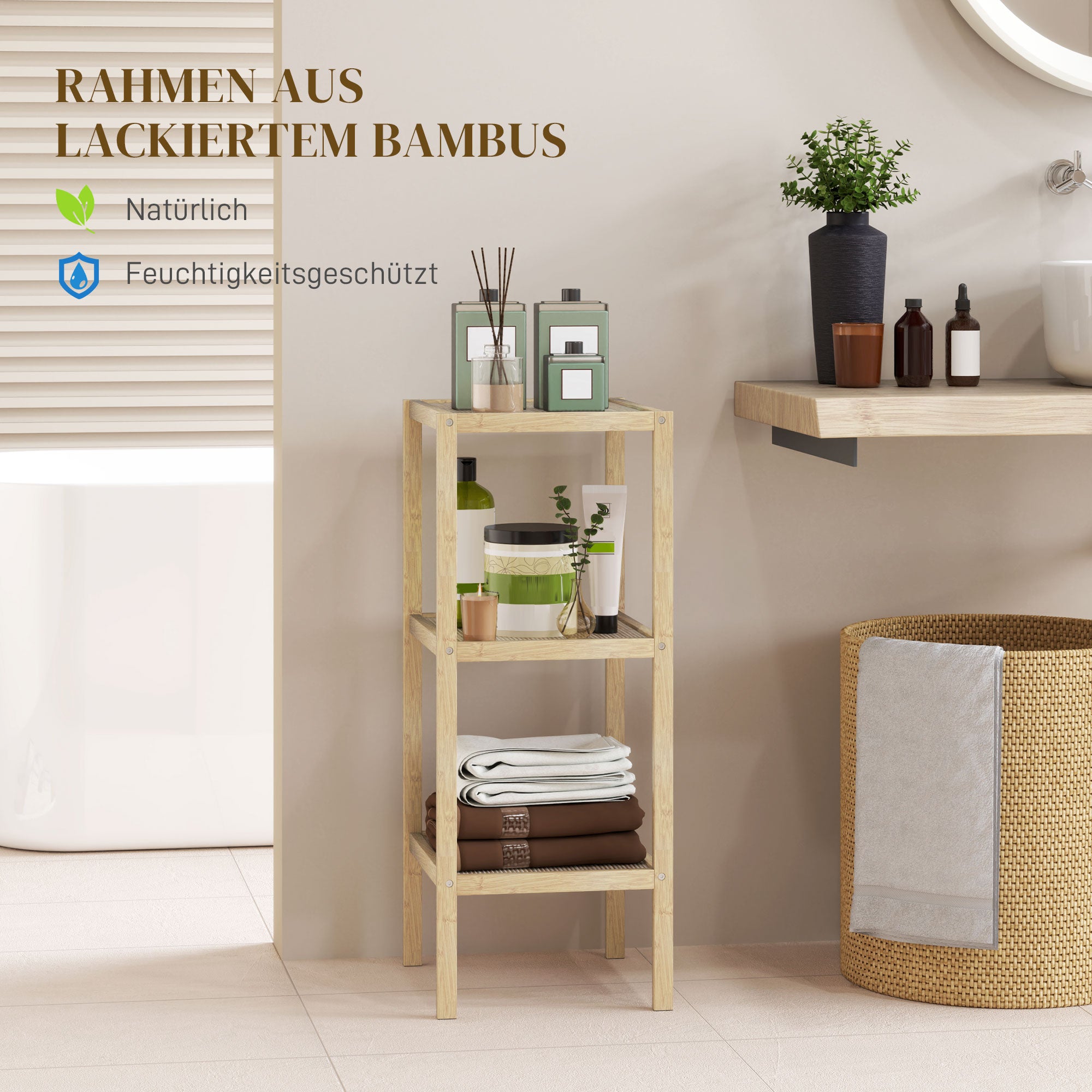 HOMCOM Badezimmerregal, 3 Etagen, feuchtigkeitsbeständig, Bambus, 33 x 31 x 78 cm
