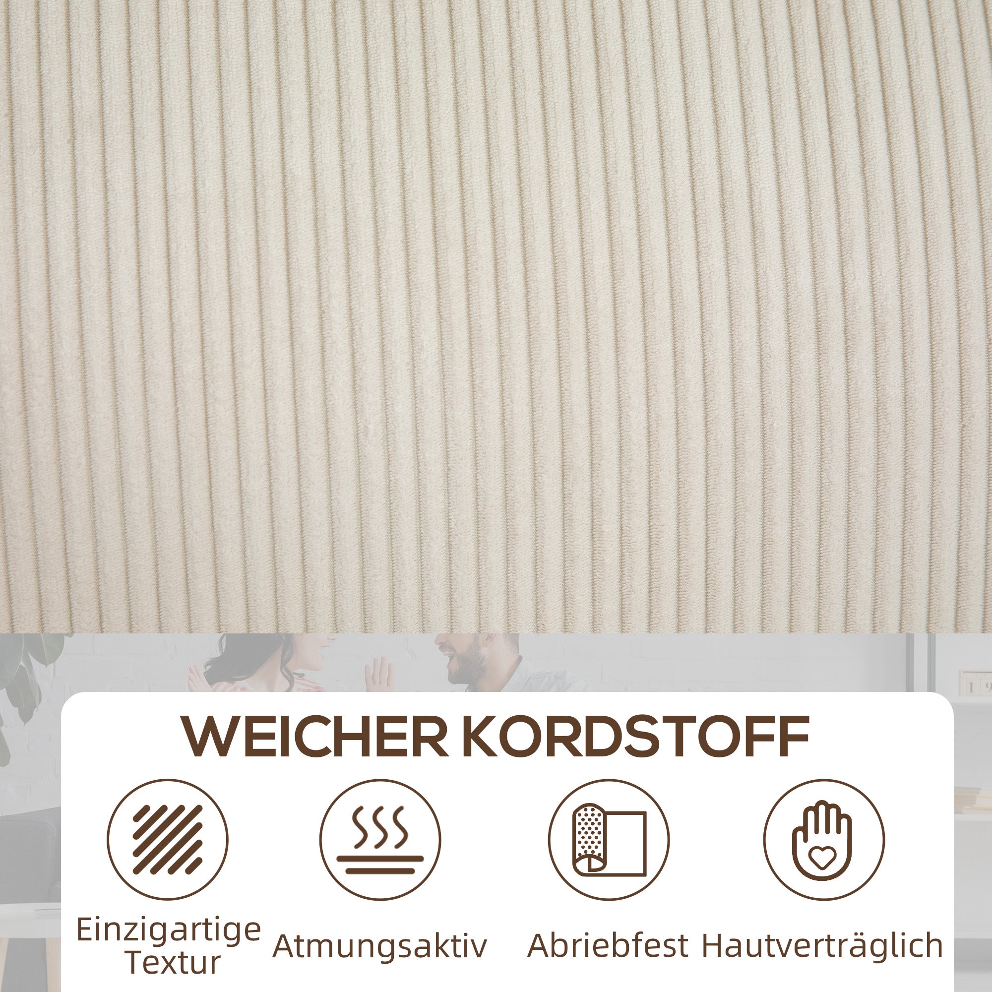 HOMCOM 3-Sitzer Sofa mit Cordbezug, Wohnzimmersofa mit Federkern, bis 400 kg, 227 x 84 x 87 cm, Cremeweiß