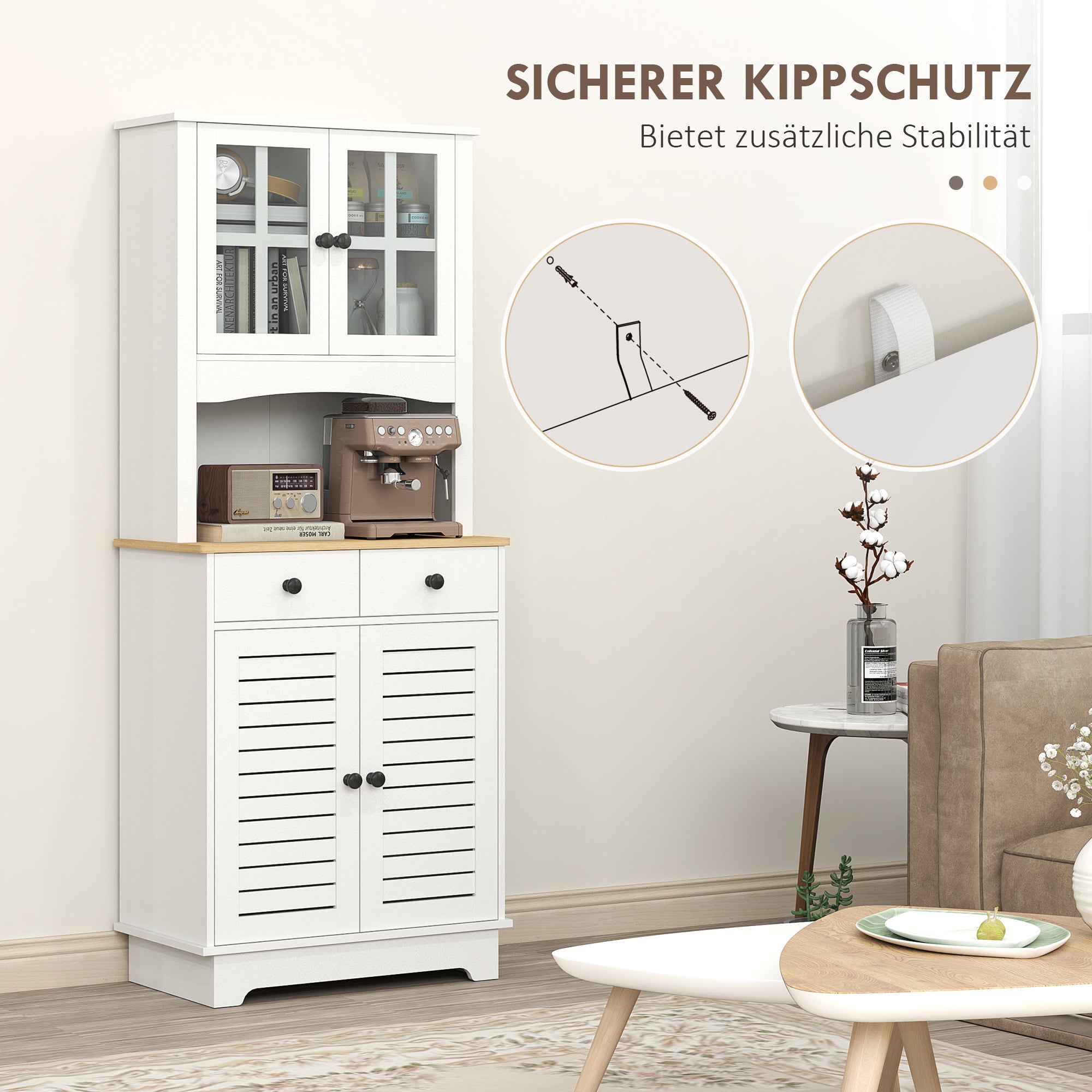HOMCOM Küchenschrank mit Glastüren, 2 Schubladen, Geschirrschrank, Esszimmerschrank, Holz, 68 x 39,5 x 170 cm, Weiß