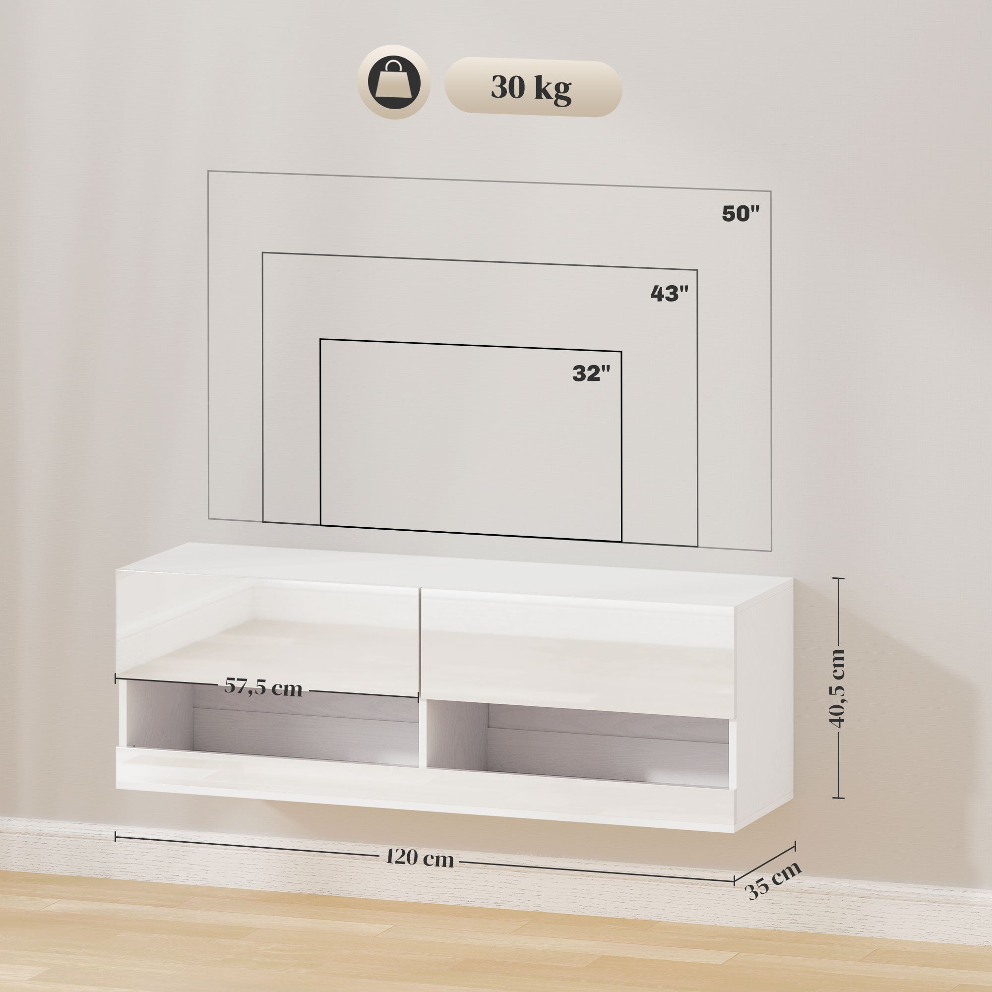 HOMCOM TV-Hängeschrank mit LED-Beleuchtung, 16 Blinkmodi, Wandmontierter TV-Schrank, Offene Regale, 120 x 35 x 40,5 cm, Weiß