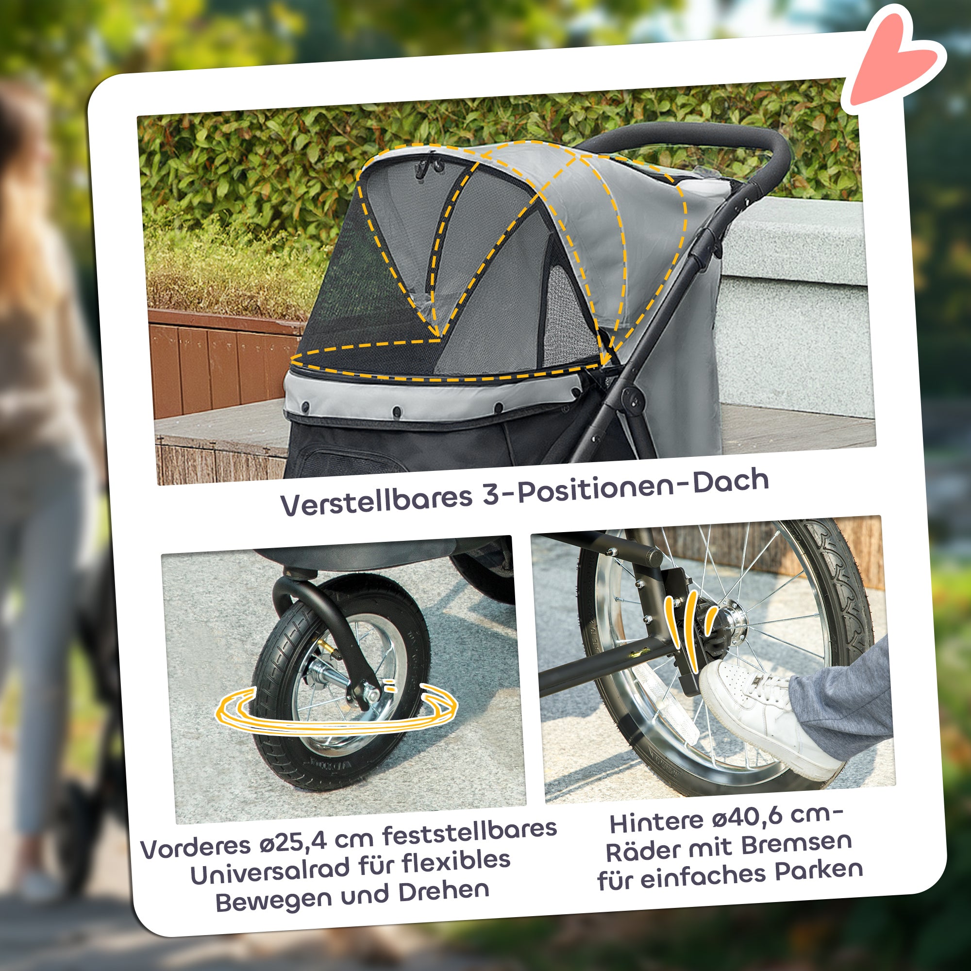 PawHut Hundebuggy, Haustierwagen für kleine Hunde und Katzen, mit Aufbewahrungskorb, Ein-Klick-Faltdesign, Grau